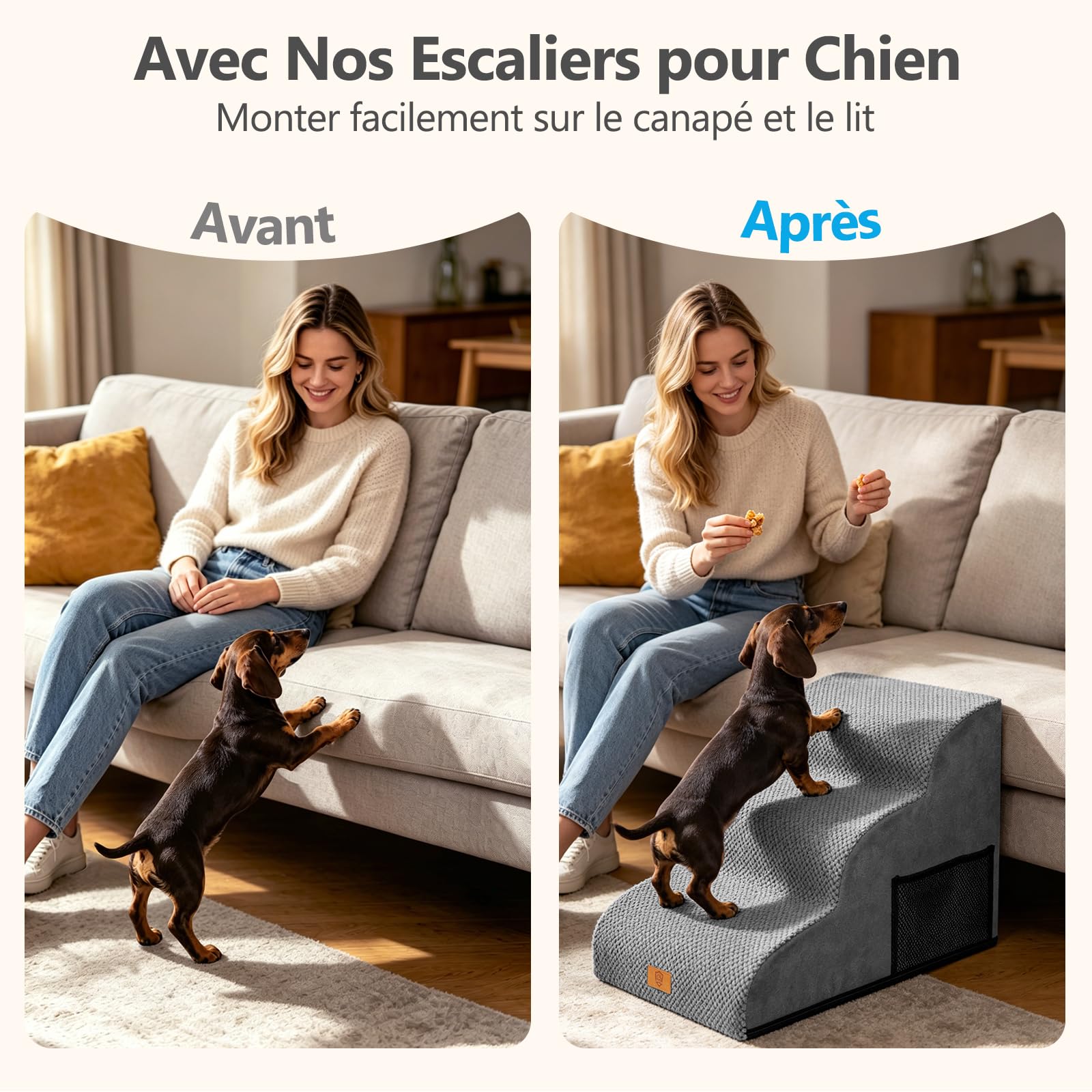 MASTERTOP Escaliers pour Chiens à 3 Marches, Rampe pour Chien Canapé - Gris | Grande Échelle Animaux en Mousse Haute Densité Antidérapante, Housse Amovible - pour Canapé et Lit