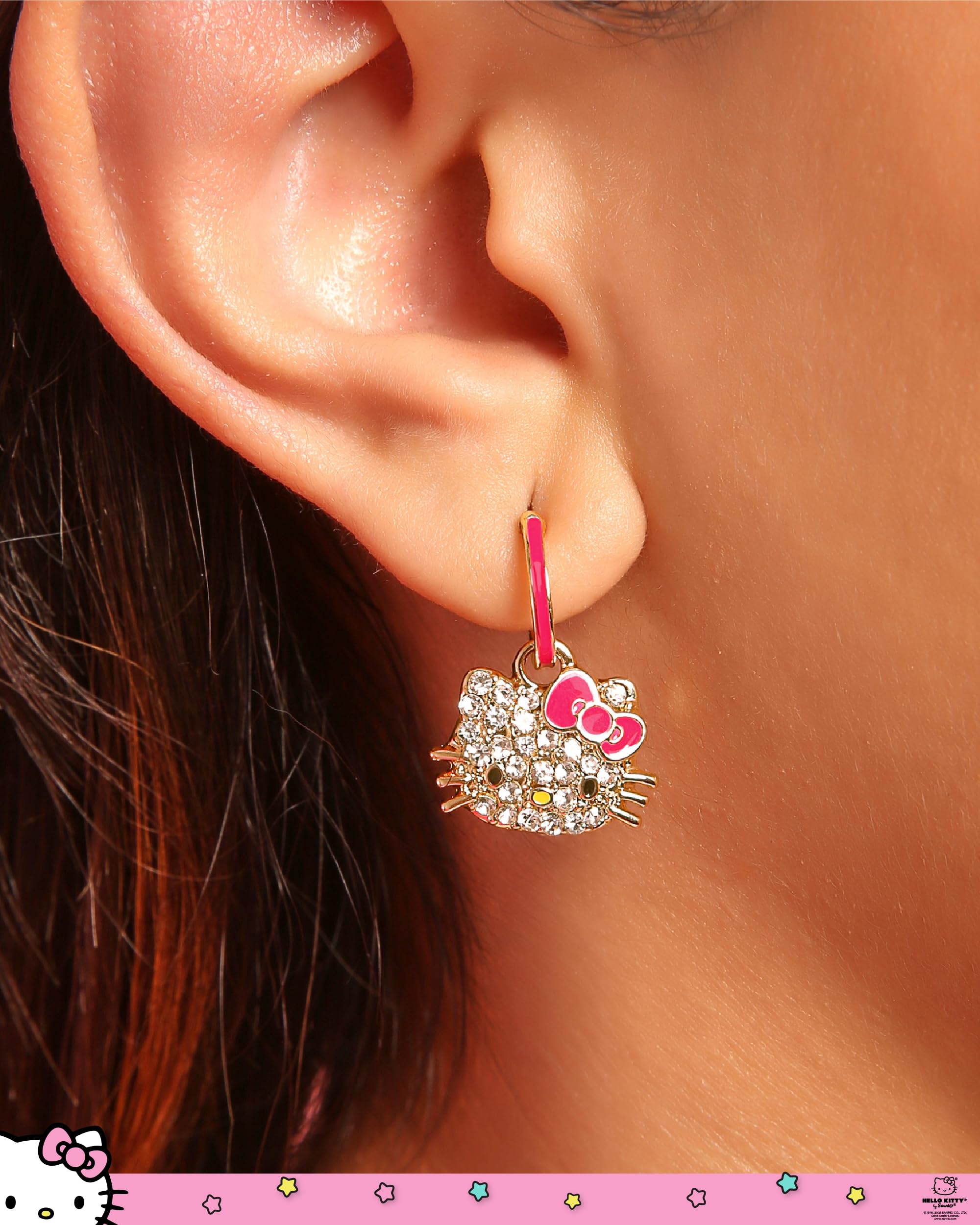 Sanrio Pave Crystal Hello Kitty Dangle Earrings for Women Official License, Yellow Gold Tone and Enamel Hello Kitty Earrings