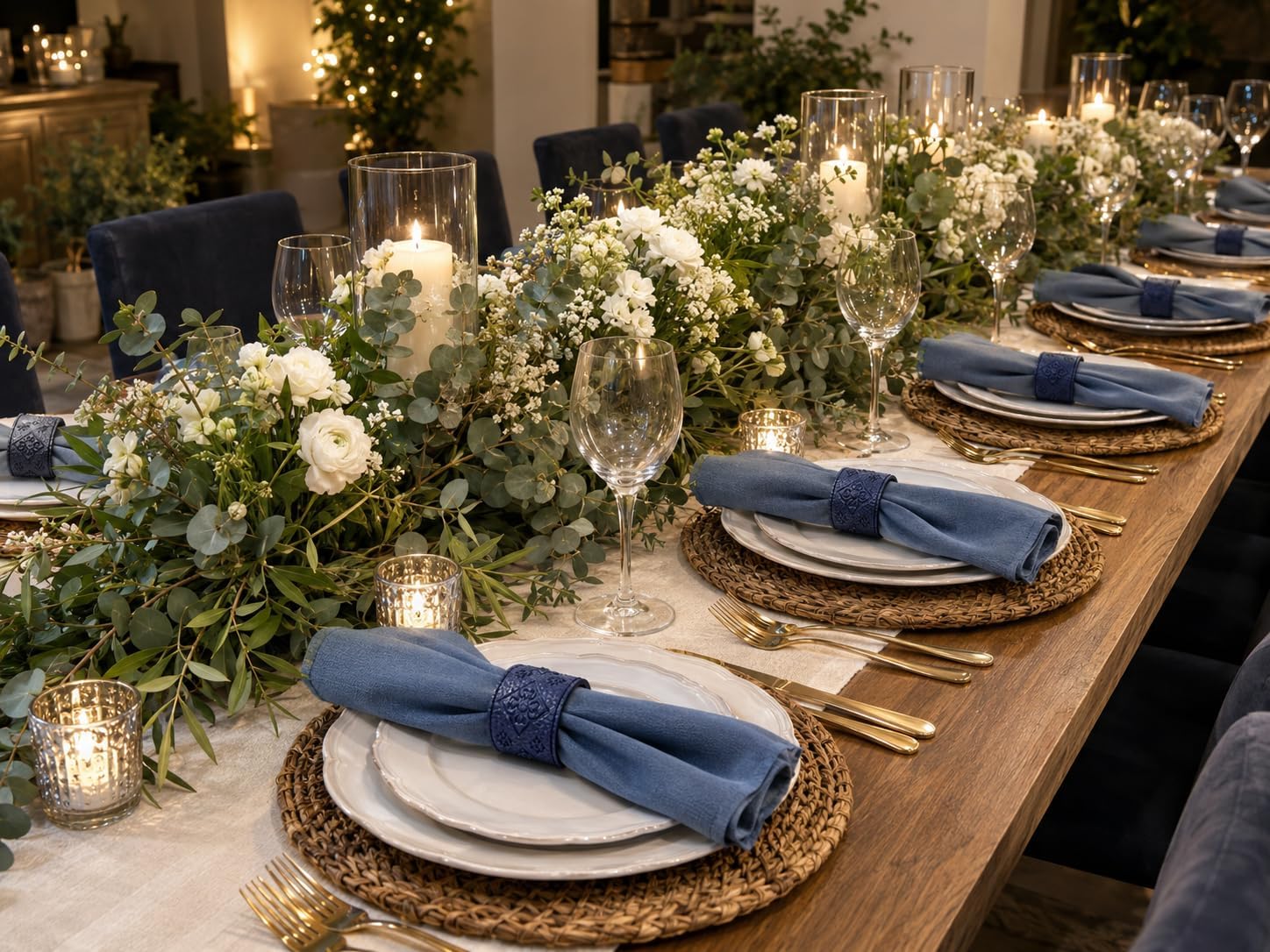 Premium Blue Leather Napkin Rings Set of 6, Reversible Double-Sided Embossed & Smooth Design, Convertible Round/Flat Table Decor, Water-Repellent for Dining, Parties, Holiday & Gifting