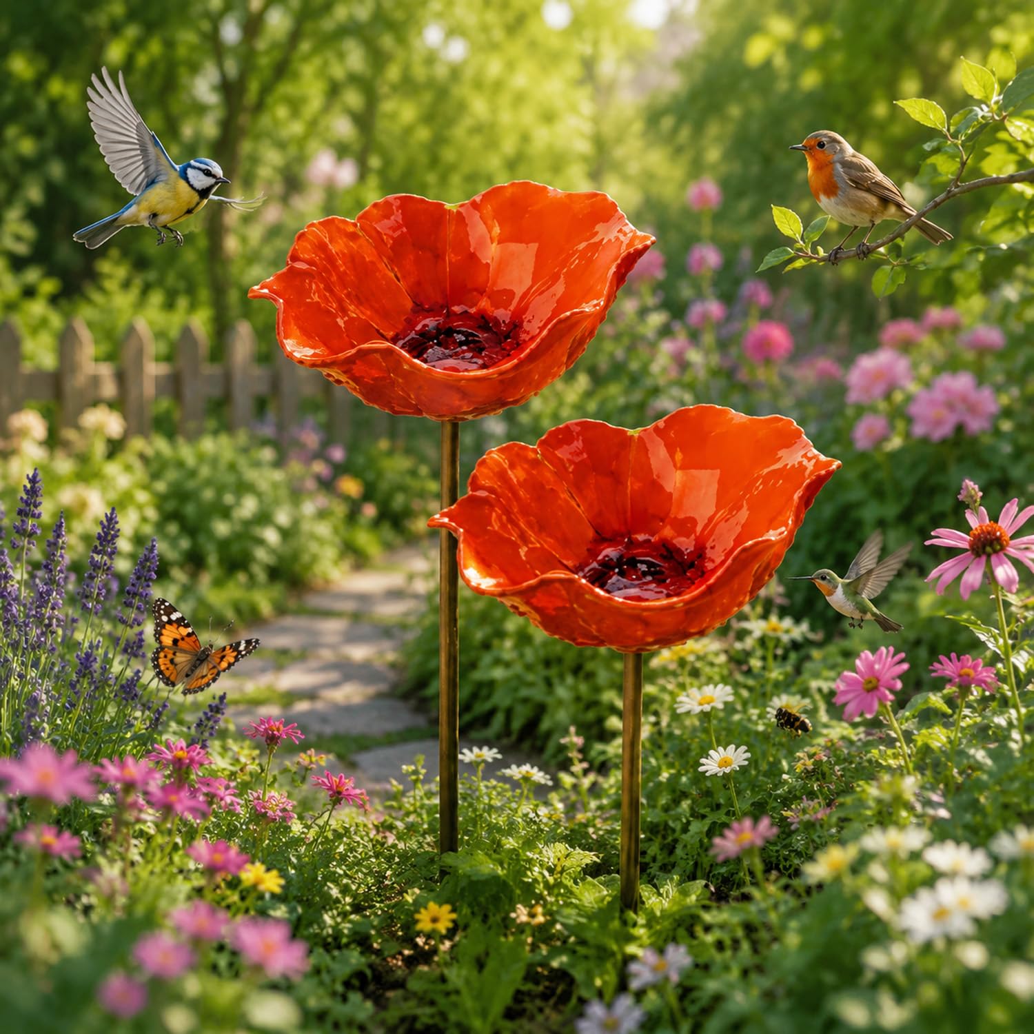 Shallow floral-shaped bird bath, flower-shaped garden stick bird waterer with metal post, weatherproof outdoor bird feeder, for hummingbirds and bees (2, Orange) — image 1