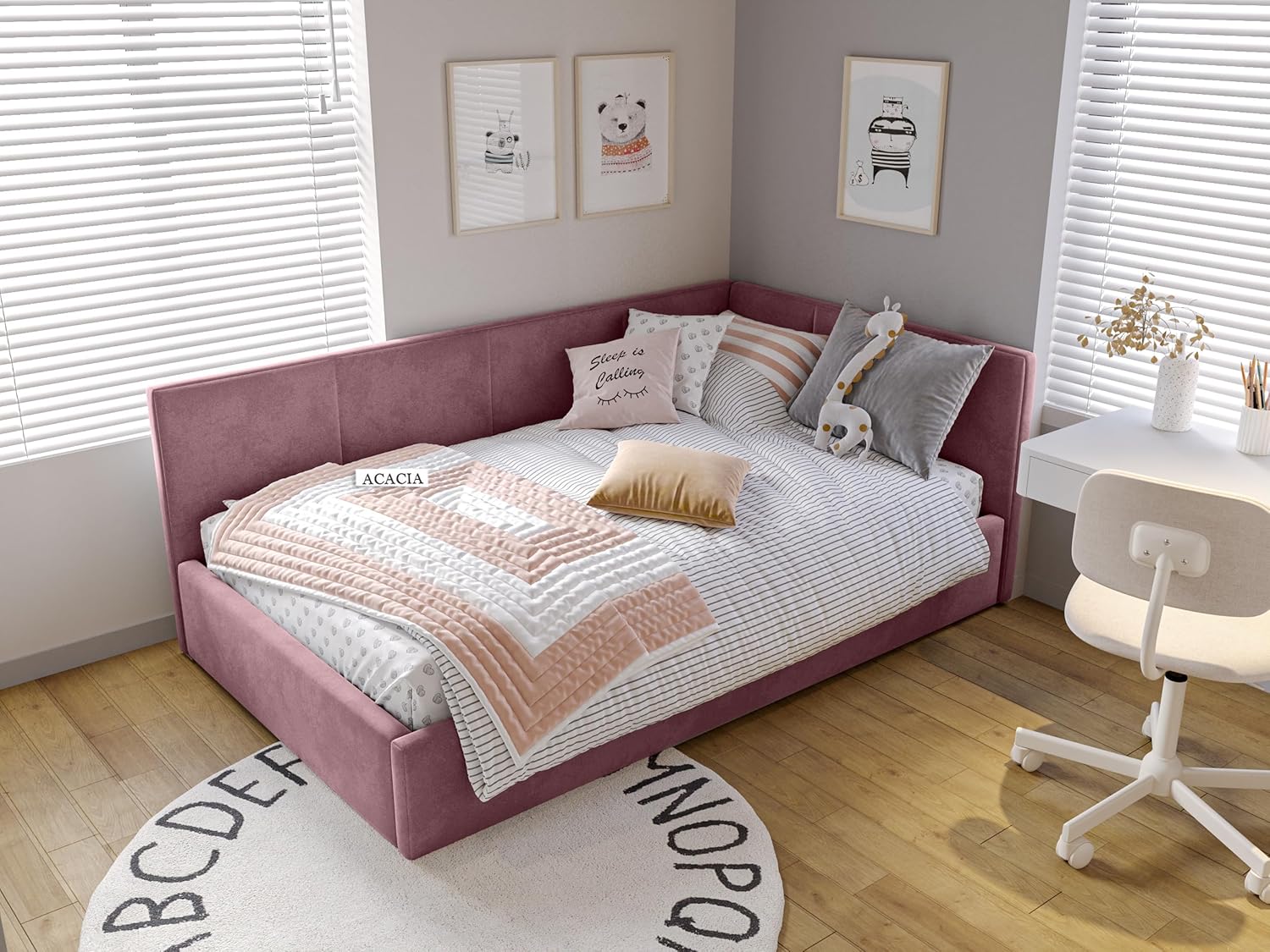 Acacia Modern Upholstered Single Size Bed for Bedroom | Wooden Sofa Cum Bed | Platform Cot Corner Bed with Upholstery Premium Fabric | Sheesham Solid Wood (Rosewood, Mauve Pink)