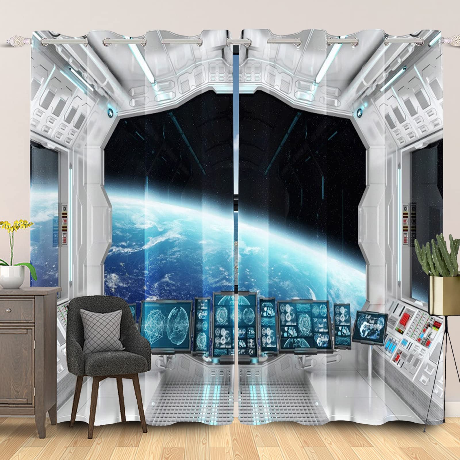 SDOTPMT 55x90 Inch Space Station Window Curtain Futuristic Science Fiction Space Ship Earth Planet Vivid Picture for Boy Girl Window Treatment Drapes for Bedroom Light Blocking Curtain, 2 Panels