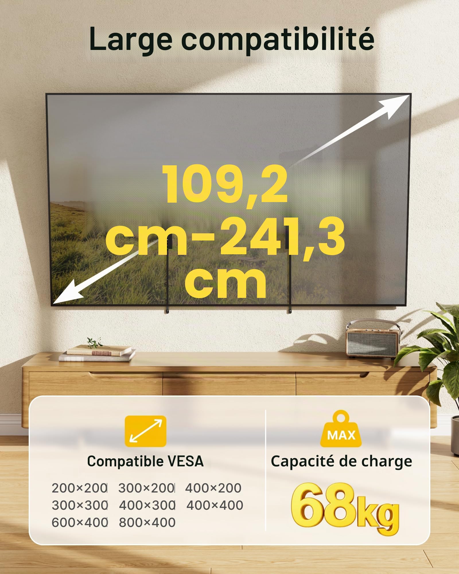 monTEK Support Mural TV 43-95 Pouces, Support TV Mince jusqu'à 68kg | Support Mural TV Robuste avec Niveau à Bulle et Gestion des Câbles, Installation sur Béton ou Montants Bois, Max VESA 800x400