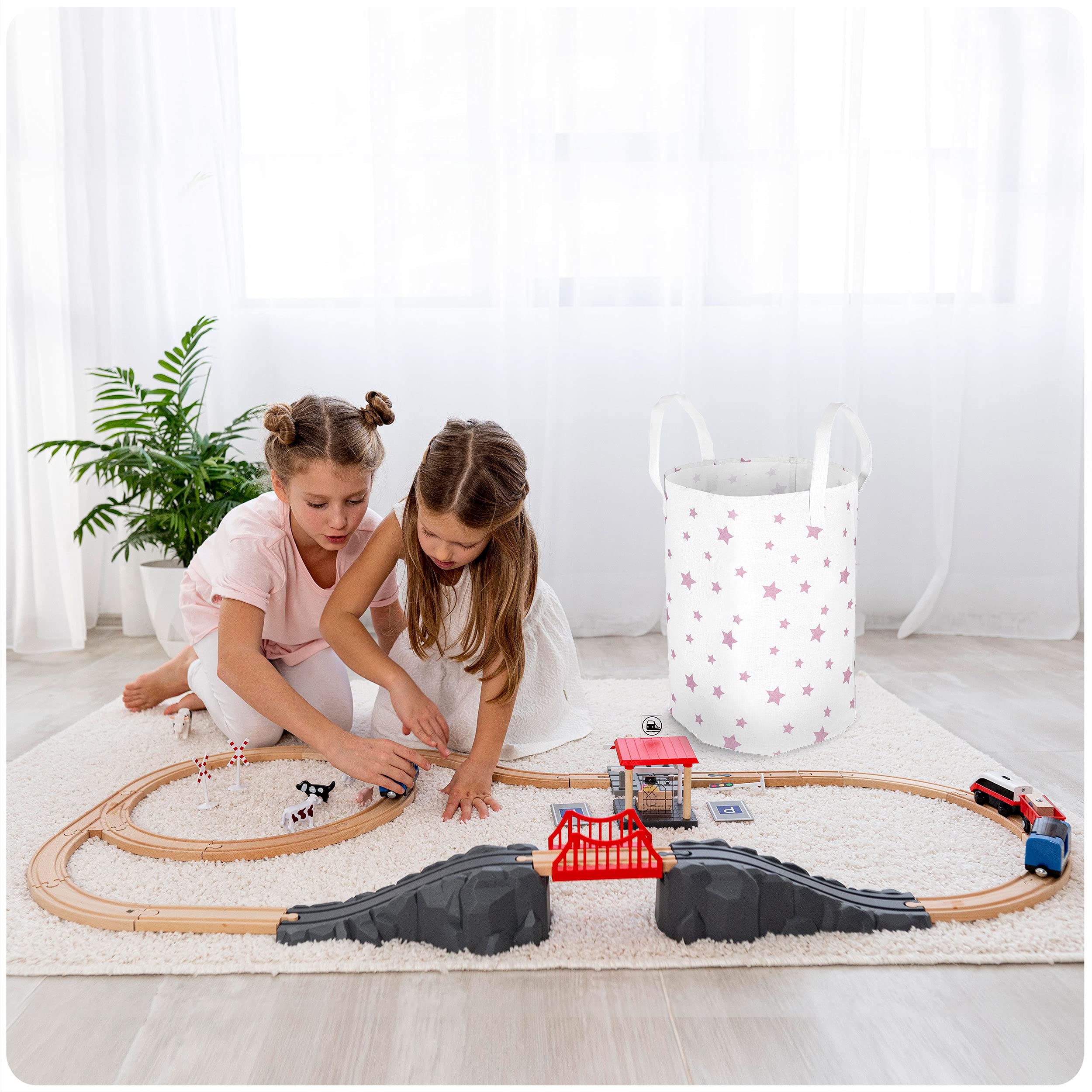 Nukido Cesta de juguete - Cubo de juguete - Cesta de almacenamiento para habitación infantil - Almacenamiento para ropa - Organizador de ropa y mantas - Grande - Blanco con estrellas - 60 cm x 35 cm