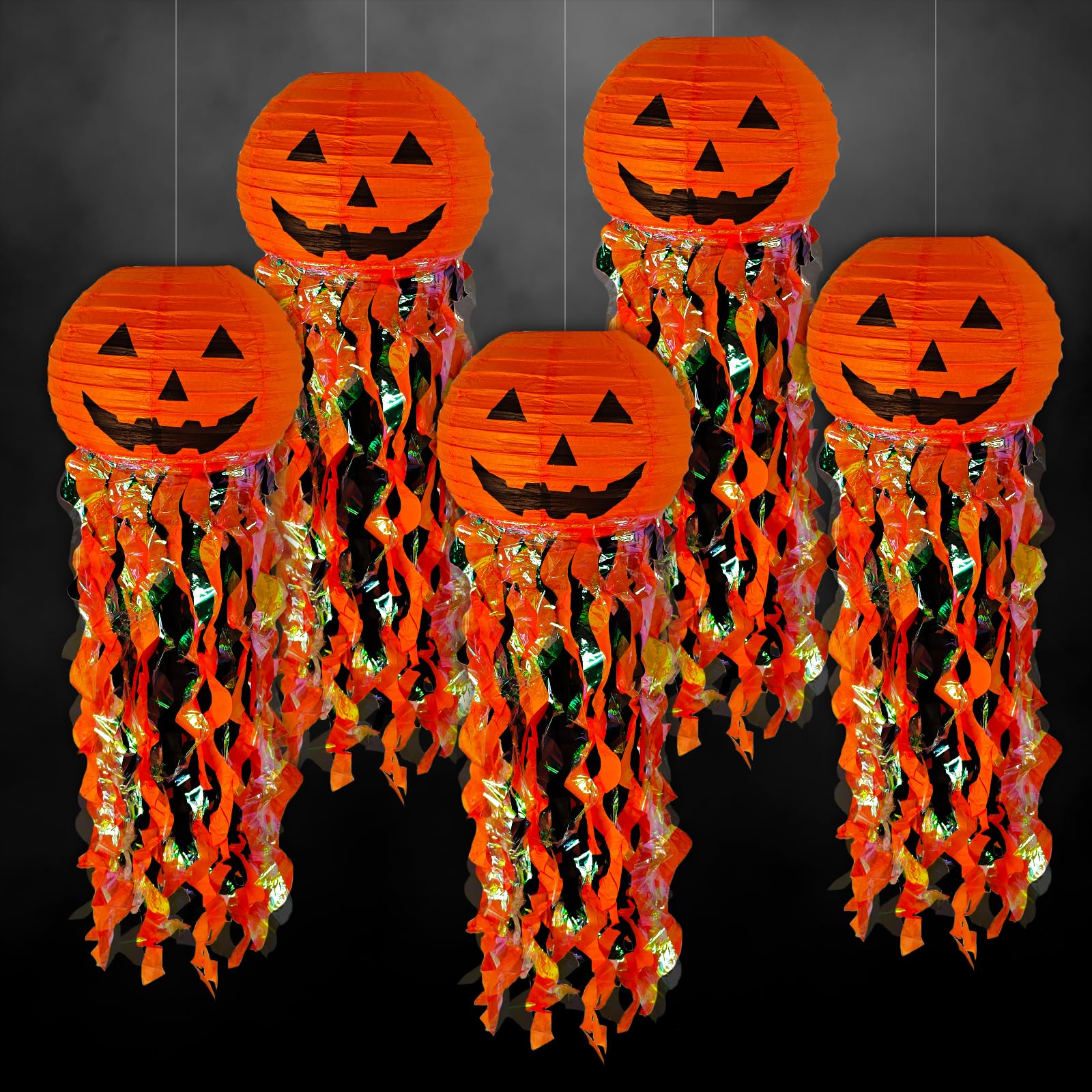 ADLKGG Pumpkin Paper Lanterns for Halloween Party Decorations, Orange Black Hanging Paper Lanterns for Kids Adult Birthday Wedding Graduation Indoor Outdoor Garden Home Decor, 5 Pcs