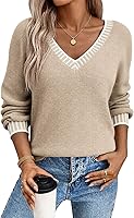 Dokotoo Women's V-Neck Long Sleeve Pullover Sweater: Casual Loose Fit Knit Top with Contrast Stitching for Fall