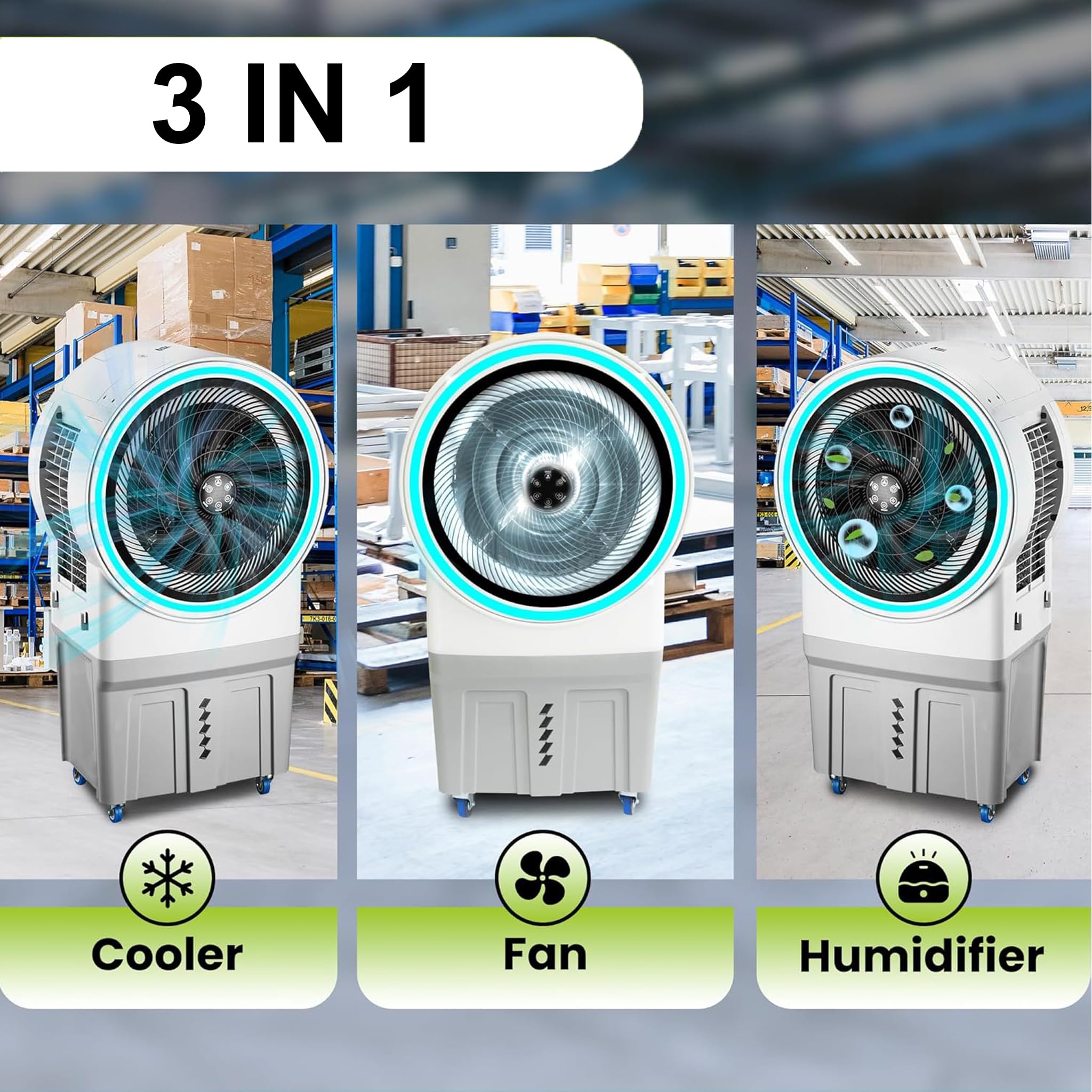 Ventilatore Raffrescatore d’Aria Evaporativo 150W – Tanica 50L con Collegamento Diretto Acqua, LED RGB, Timer e Telecomando, Ideale per Capannoni, Ristoranti, Eventi