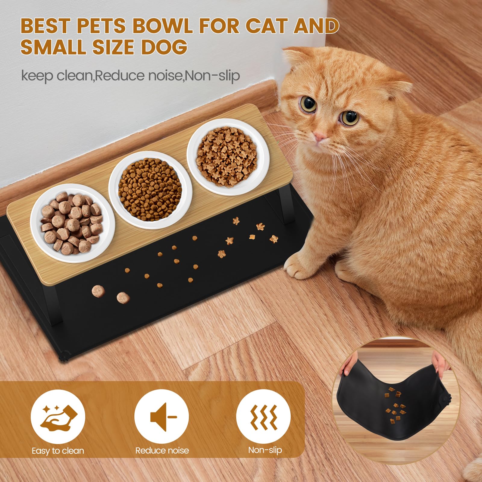 Lannvan Comedero Gato Elevado, 3X Comedero Perro, Comederos para Gatos Inclinado 15° Ceramica con Antideslizante Alfombrilla, Cuenco Gato Antivómitos, Comederos y Bebederos para Gatos y Perros Pequeño