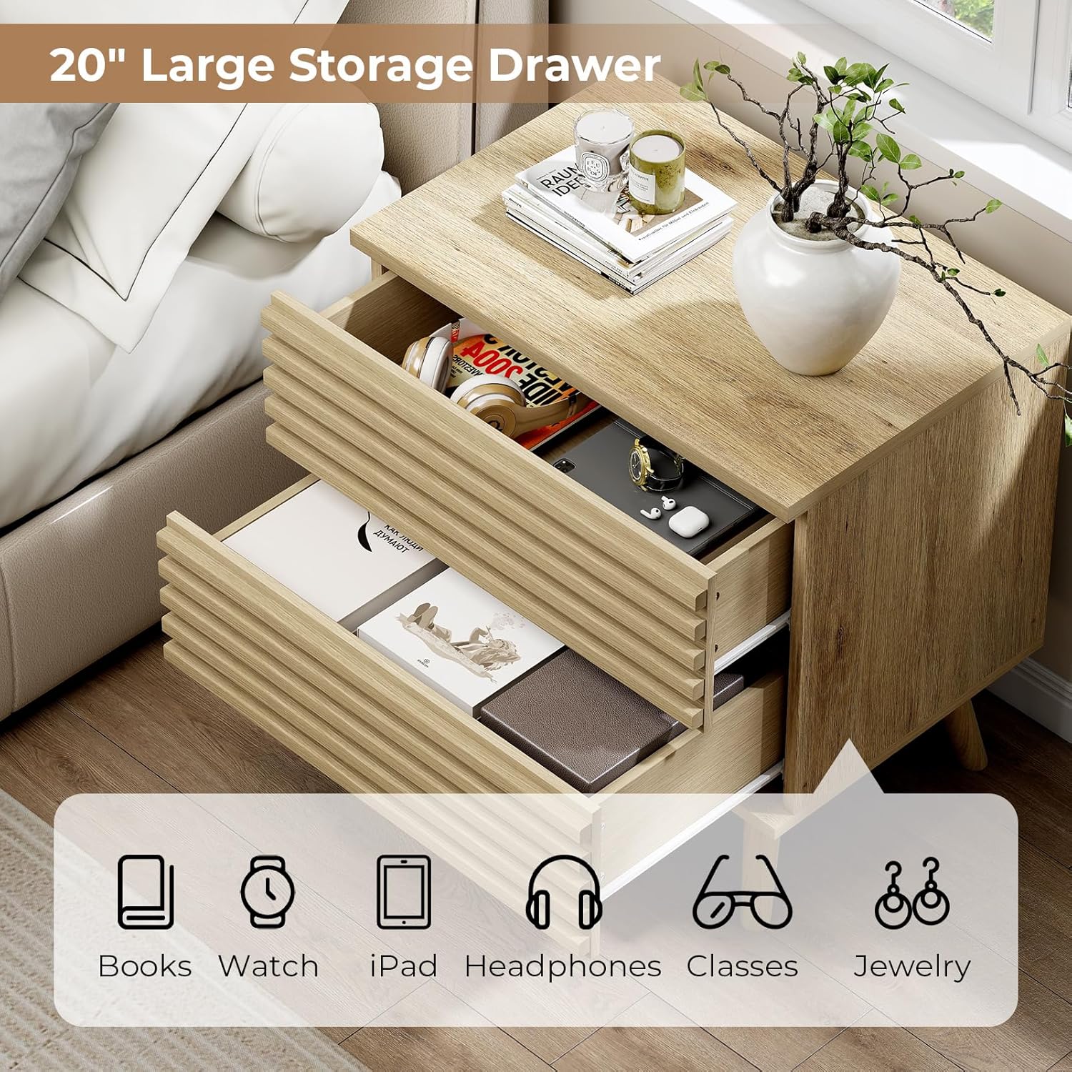 EAG Fluted Nightstand with 2 Drawers, 23" Wood Bedside Table with Storage Drawers and Tapered Legs, Slatted Door Design, Modern Side End Table for Bedroom, Natural