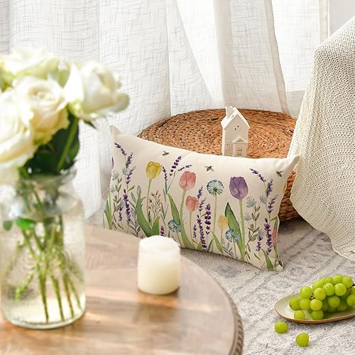 Miniatura 3 de AVOIN colorlife Spring Flowers - Funda de almohada con diseño de tulipanes y abejas de lavanda, 12 x 20 pulgadas, funda de cojín de primavera para