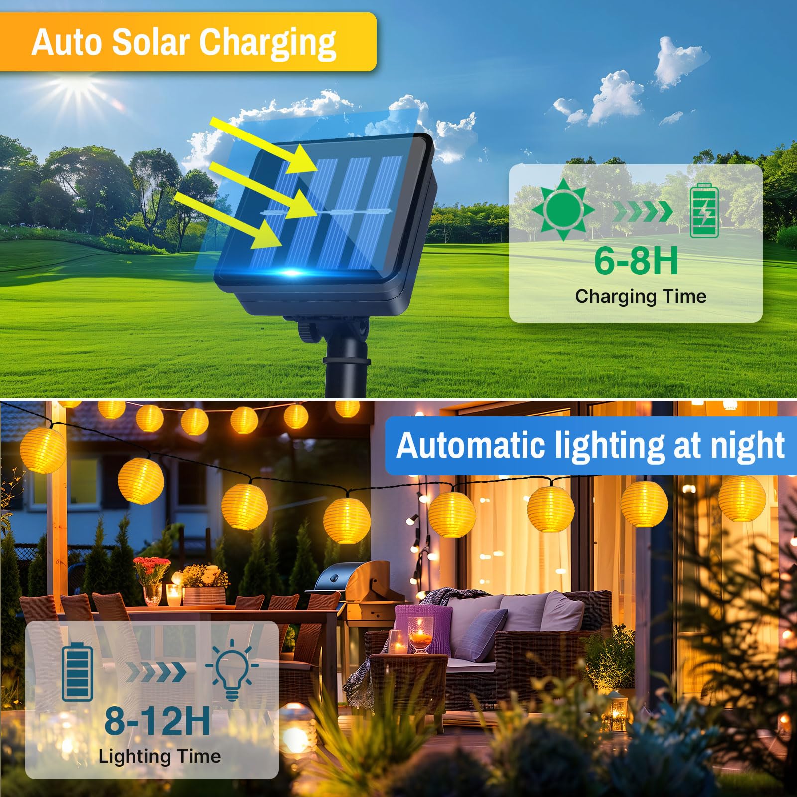 Caldarax Guirnaldas de Luces Solares Linternas, 8M 30 LED Farolillos Cadena de Luces, 8 Modos IP65 Impermeable Linternas Solares Exterior para Decoración Jardín, Patio, Balcón, Fiesta (Blanco Cálido)
