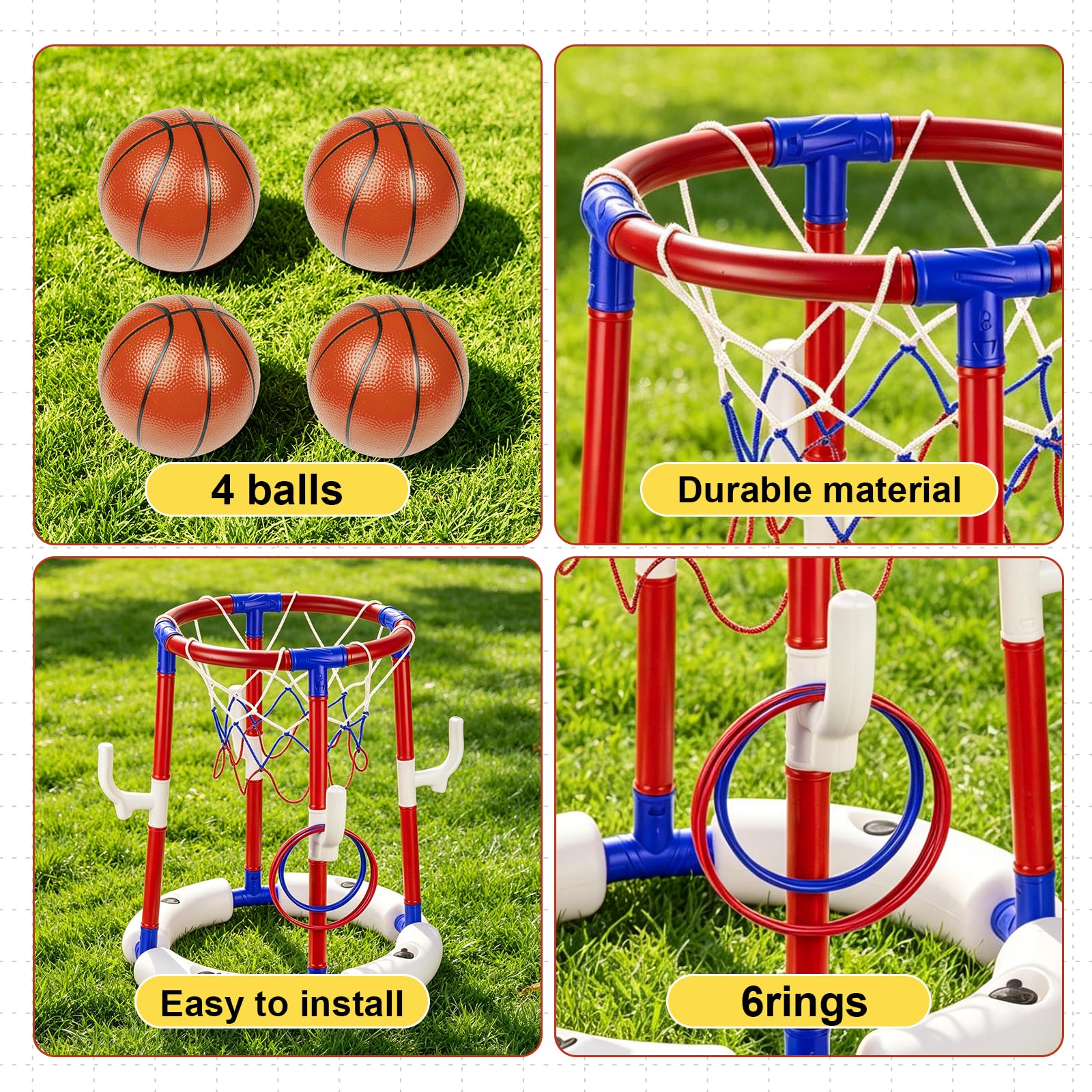 Giocattoli da basket per piscina, cestino da basket galleggiante per piscina con 4 palline, 6 anelli e pompa, ideale per bambini e adulti per divertirsi in acqua