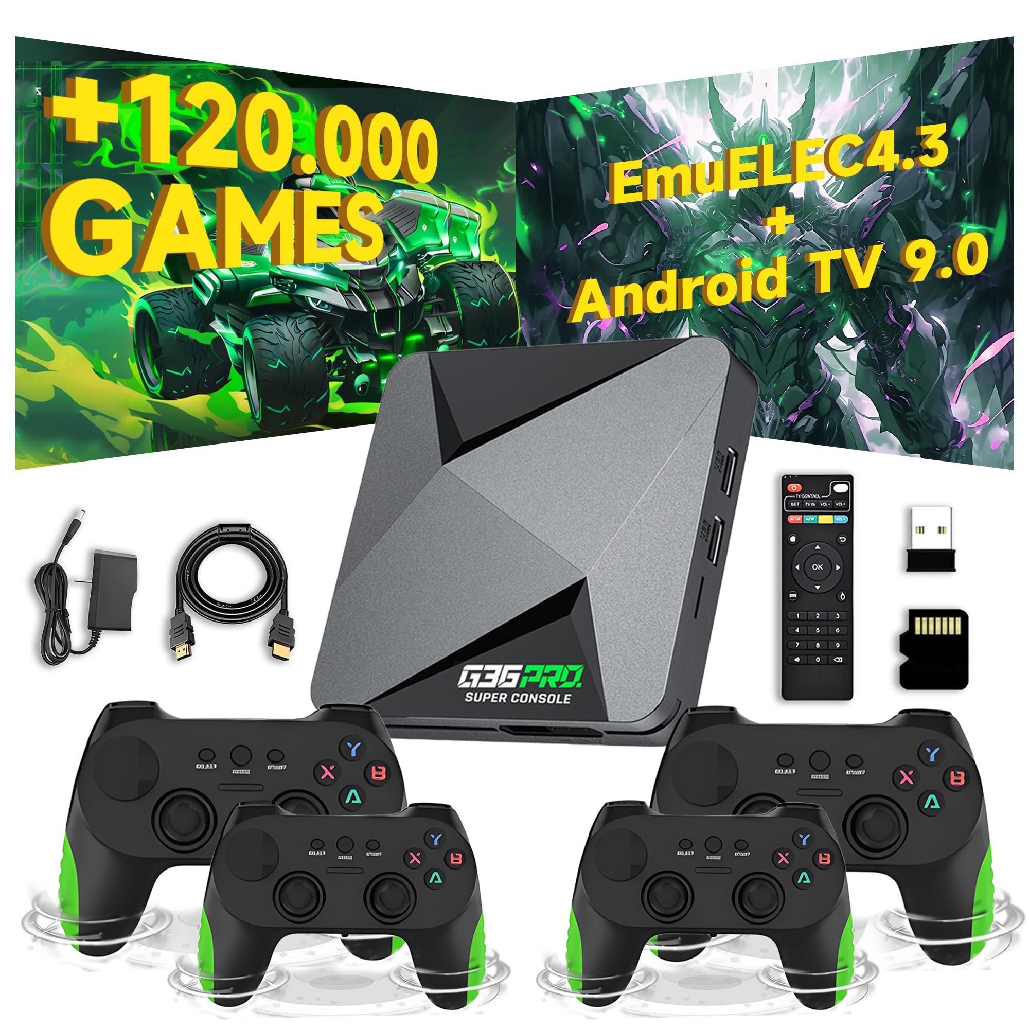 G36 Pro Retro Spielkonsole Retro Konsole,120000+ Spiele 50+ Emulatoren,EmuELEC 4.3+Android 9.0 Dual-System,4K Game Stick mit 4 kabellosen Controllern,Plug & Play Retro-Videospielkonsole für TV (256G)