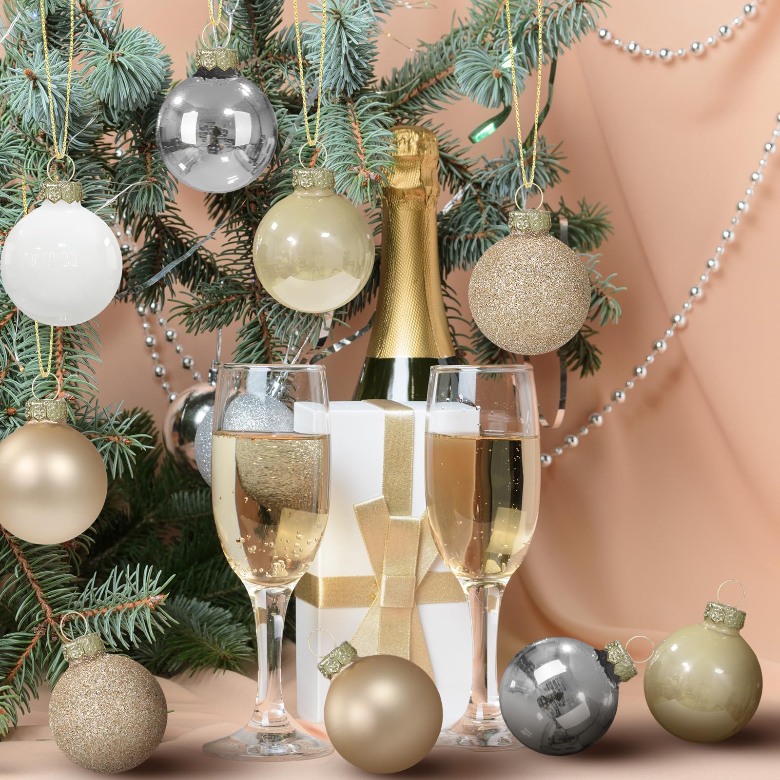 Soulchen 25 mini esferas de Navidad de cristal de 1.57 pulgadas, esferas neutrales para árbol de Navidad, modernas y pequeñas con purpurina, colgante elegante para suministros de fiesta de vacaciones