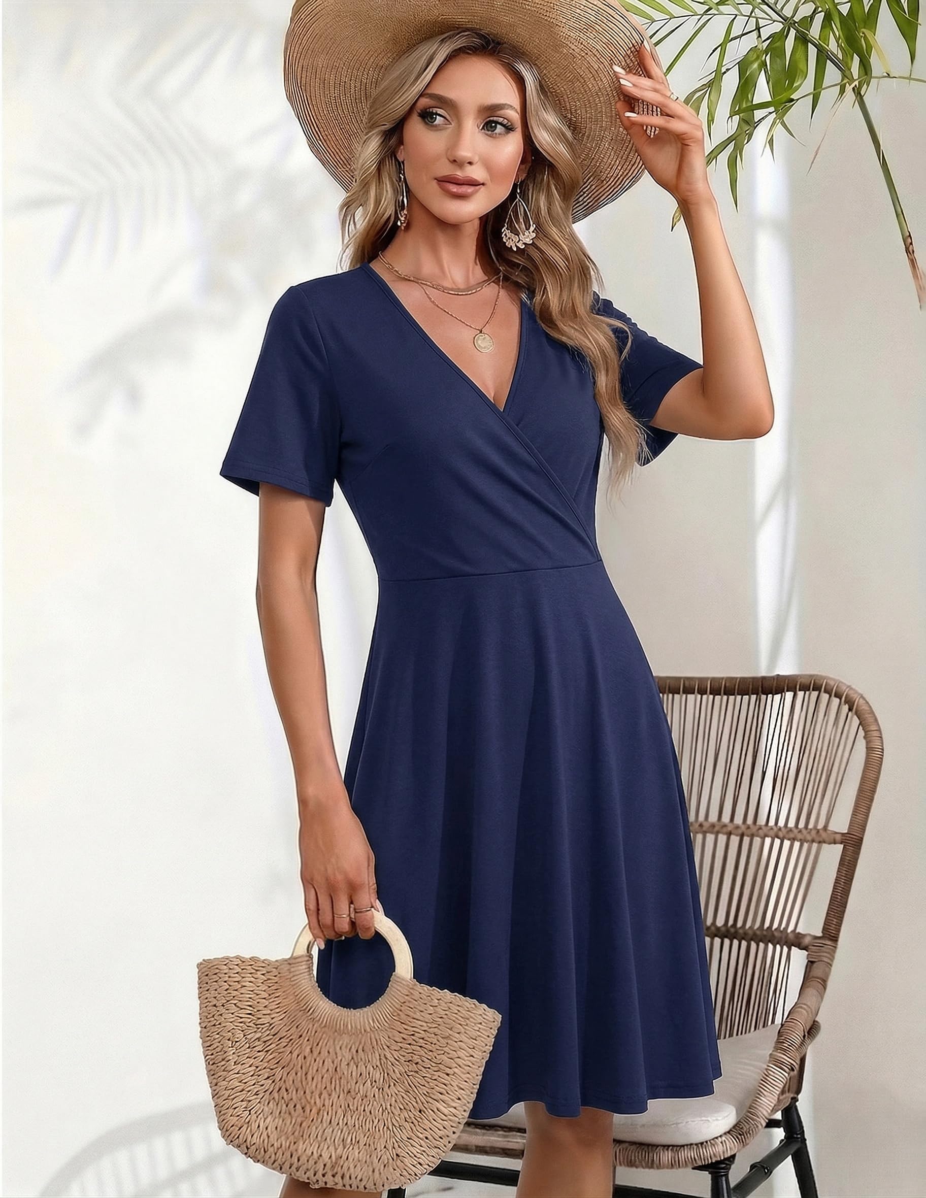 Zeagoo Vestido de verano para mujer, cuello de pico, manga corta, vestido de playa, estampado floral, vestido con bolsillos, volantes, mangas envolventes, S-XXL