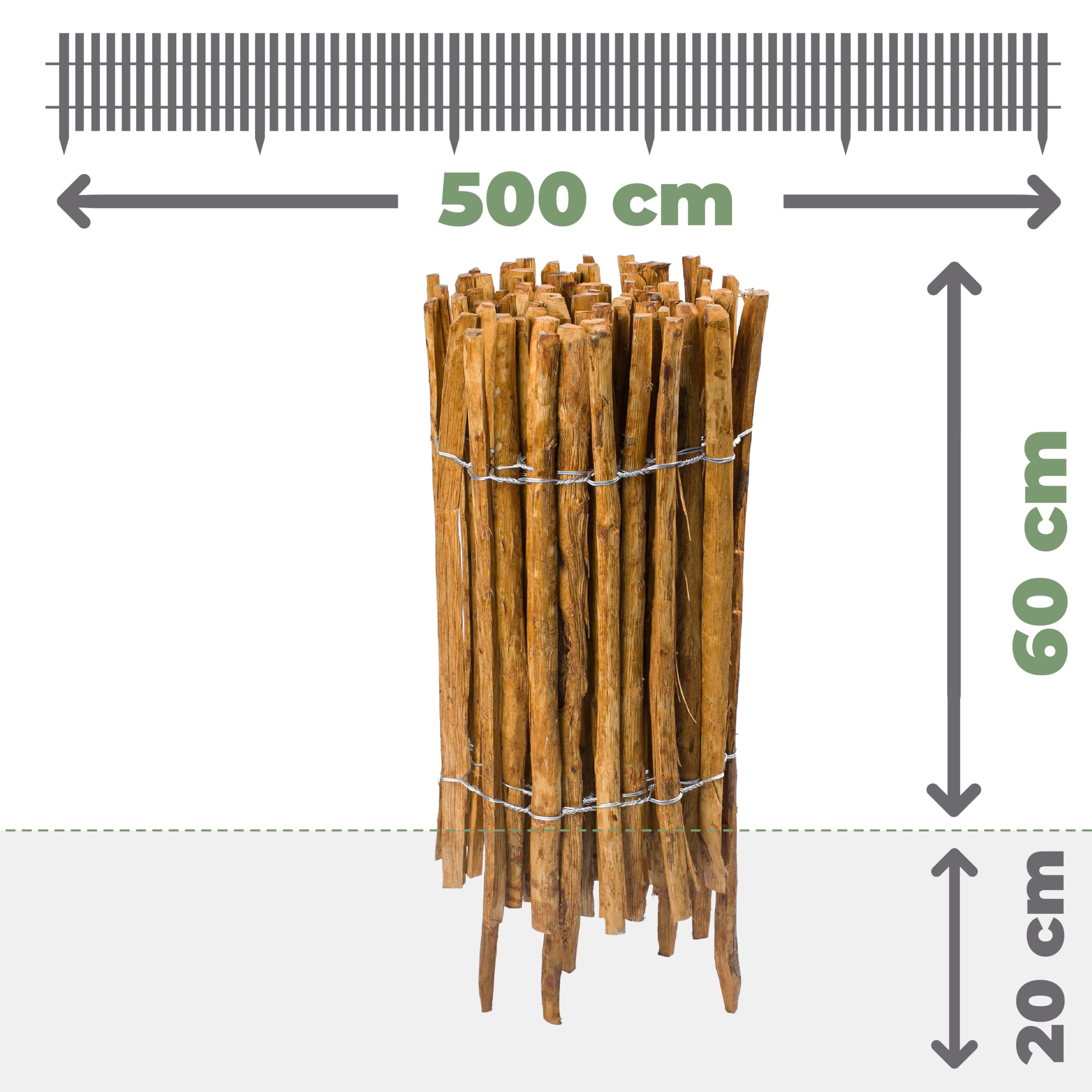 BOGATECO Valla de madera de avellana marrón impregnada | 60 cm de alto y 500 cm de largo | valla de madera | distancia entre listones 4-5 cm | valla de estacas perfecta como borde de bancal o