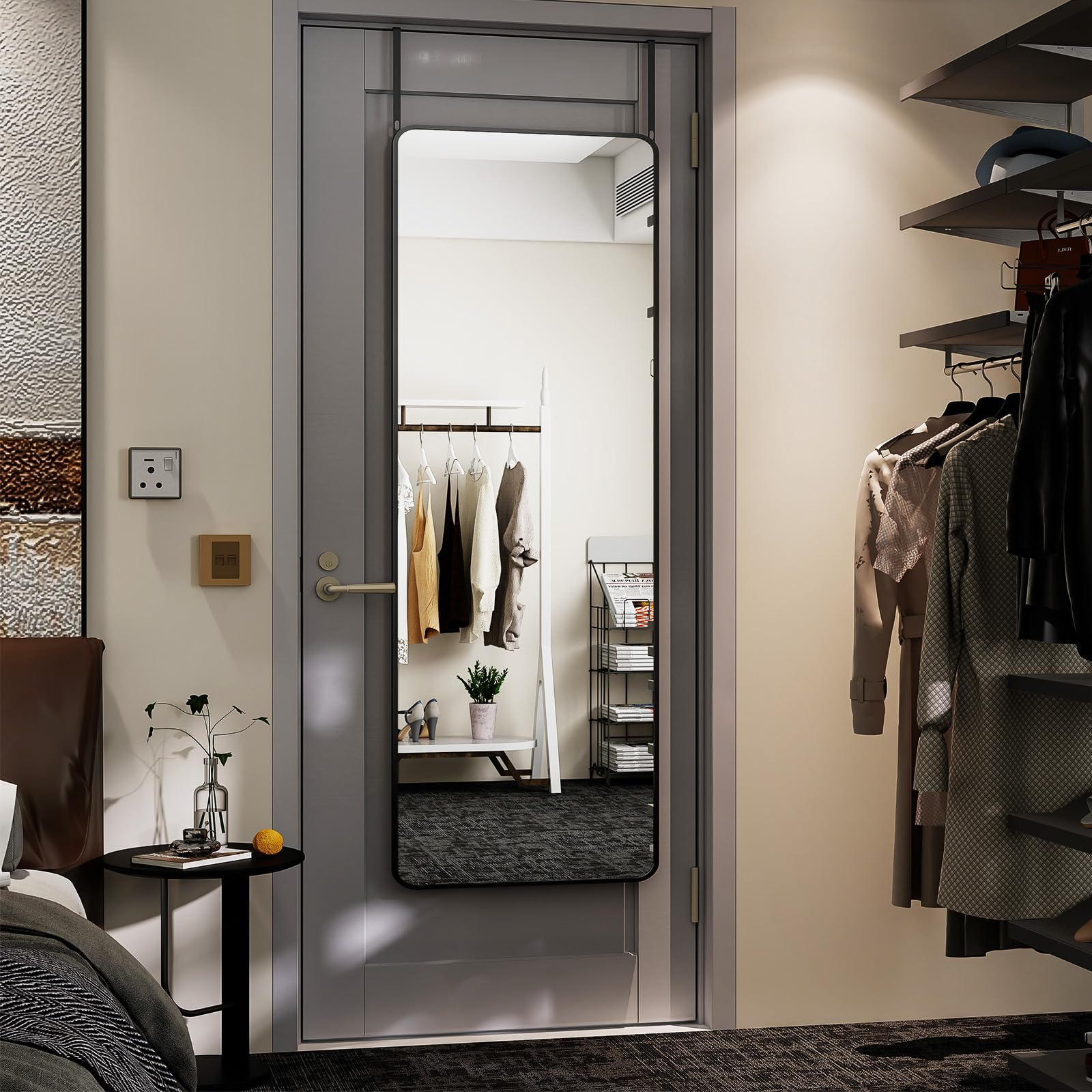 BEAUTYPEAK 14"x48" Full Length Over The Door Mirror, Aluminum Alloy Frame Full Body Mirror with Height-Adjustable Hangers, Hanging Mirrors for Bedroom, Living Room, Bathroom, Black-image-2