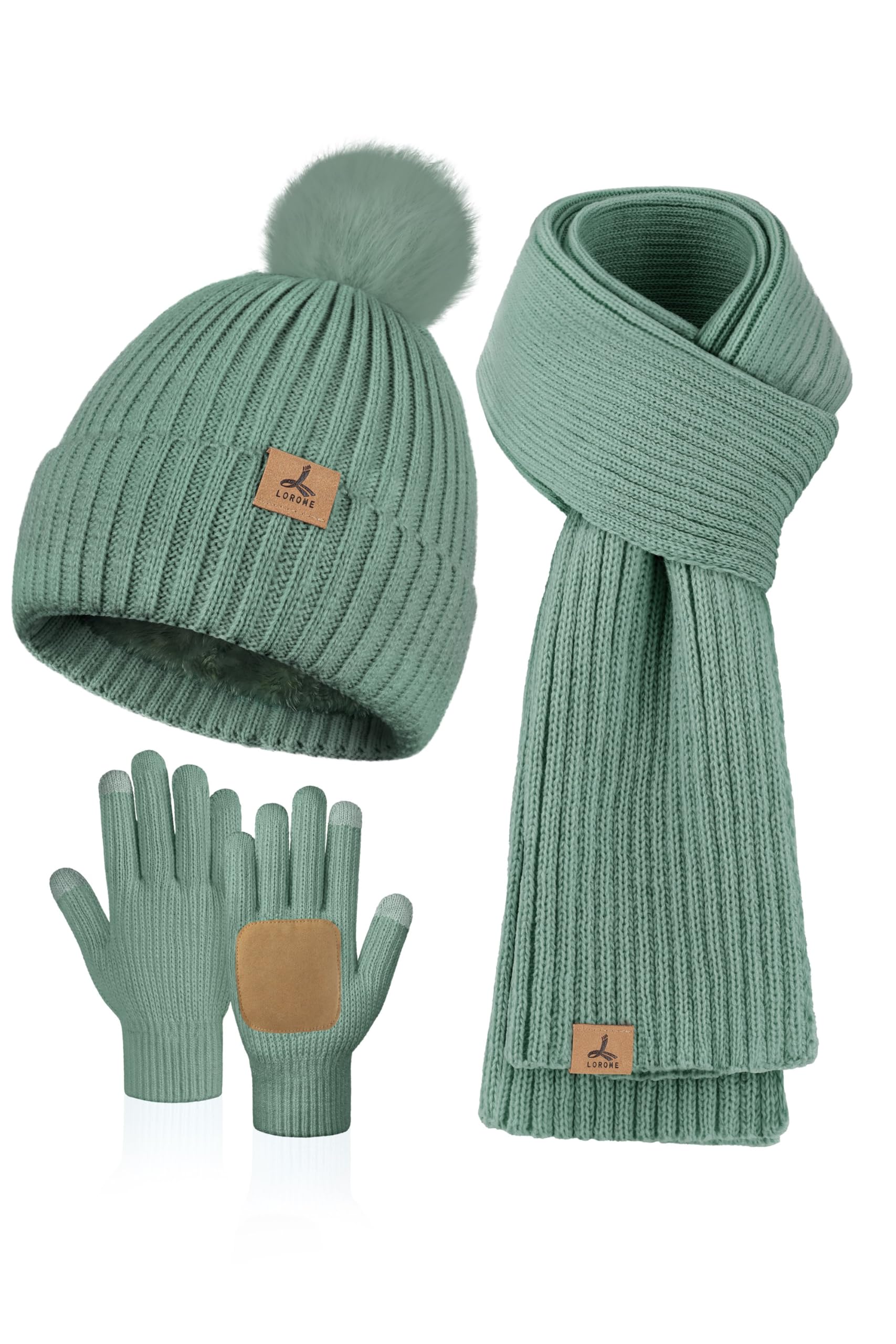 lorome Women Winter Beanie Hat Scarf Gloves Set, Fleece Knitted Pompom Hat Warm Neck Scarf Touchscreen Gloves Winter Gift-picture-19