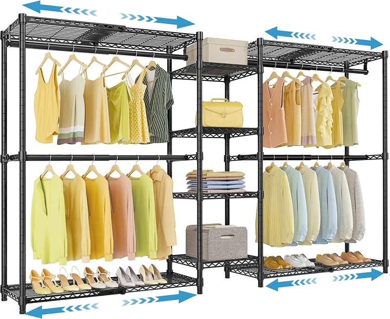 X3 Expandable Heavy Duty Clothes Rack Closet Organizer System Black | Large Freestanding Clothing Rack with Adjustable Shelves and Hanger Rods from 5'2" to 8', Reach-in & Walk-in Closet 1210LBS