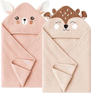Konssy 2-Pack 100% Cotton Muslin Hooded Baby Towels - Soft Absorbent Bunny & Deer Designs for Newborns Infants Toddlers Bath Pool