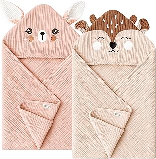 Konssy 2-Pack Muslin Baby Hooded Towels, 100% Cotton, Soft and Absorbent Baby Bath Towels