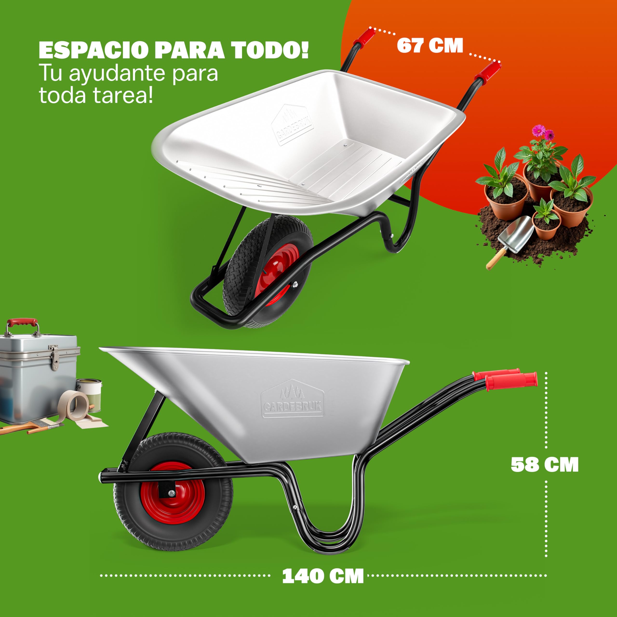 GARDEBRUK® Carretilla de Obra 100 L Capacidad Carga 250 Kg Acero galvanizado Rueda 40 cm Resistente Llanta Acero Herramienta Jardinería Construcción