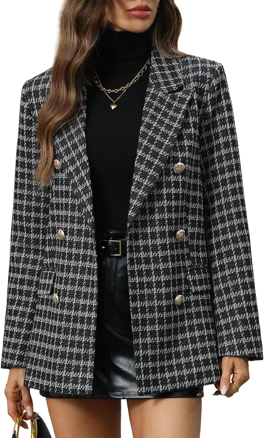 ELLEVEN Womens Oversized Plaid Tweed Blazers, Boyfriend Style Double Breasted Blazer Jacket Casual Outfits