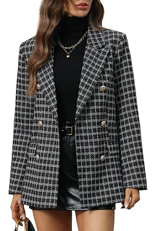 ELLEVEN Womens Oversized Plaid Tweed Blazers Boyfriend Style Double Breasted Blazer Jacket Casual Outfits