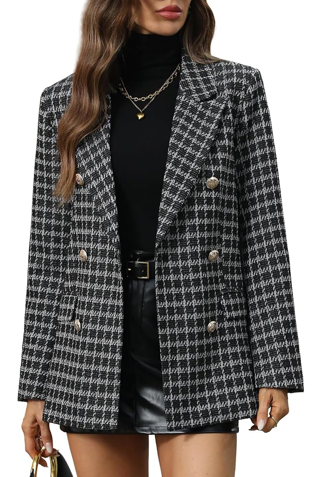 ELLEVEN Womens Oversized Plaid Tweed Blazers Boyfriend Style Double Breasted Blazer Jacket Casual Outfits