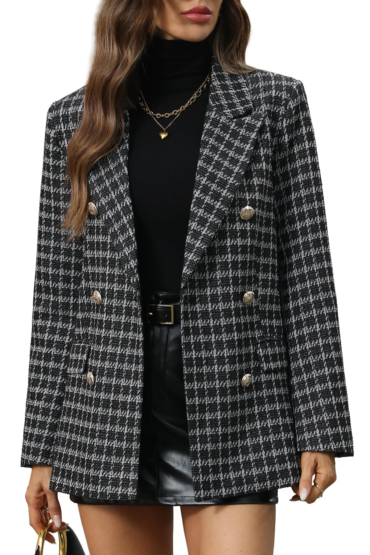 ELLEVEN Womens Oversized Plaid Tweed Blazers Boyfriend Style Double Breasted Blazer Jacket Casual Outfits