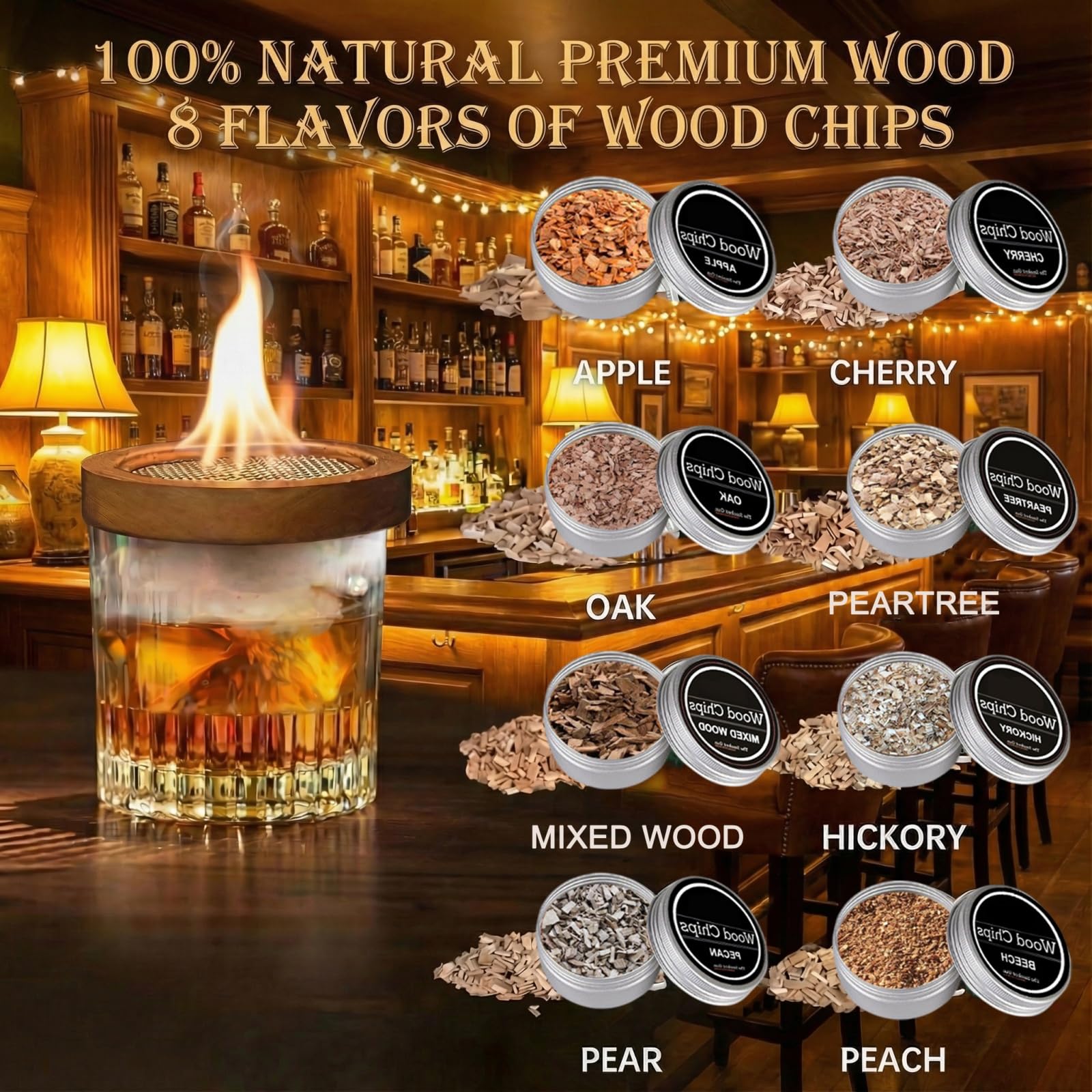 Kit Fumoir Whisky - Fumoirs Cocktails avec Copeaux de Bois de Fumage Naturels 8 Saveurs, Pierres à Whisky - Accessoires Bar pour Bourbon Boissons Fromage Cadeau Homme Père Petit Ami