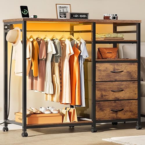 WLIVE Dresser with Hanging Rack for Bedroom, 3 Drawer Dresser with LED Lights & Charging Station, Fabric Dressers & Chest of Drawers, Storage Organizer with Open Shelves for Living Room, Brown