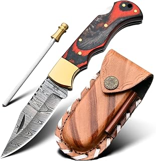 Damascus Pocket Knife for Men, Handmade Folding Hunting Knife with Leather Sheath, 6.5 Inch EDC Knife with Red Pakka Wood Handle for Camping and Outdoor Use