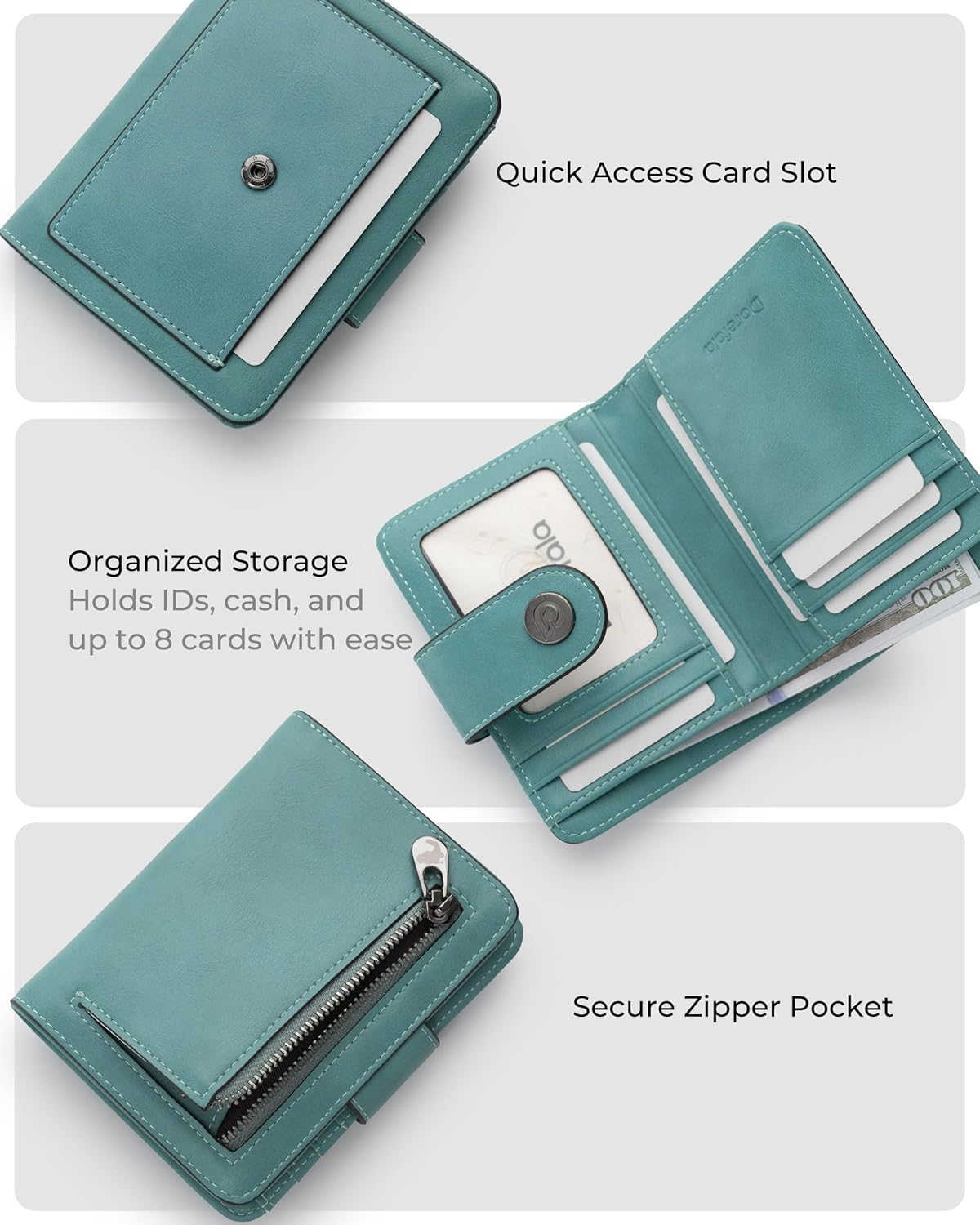 Small Wallet for Women RFID Blocking Card Holder Bifold Compact with ID Window, Outside Card Slot & Zipper Coin Pocket (Purist Blue) - Image 3