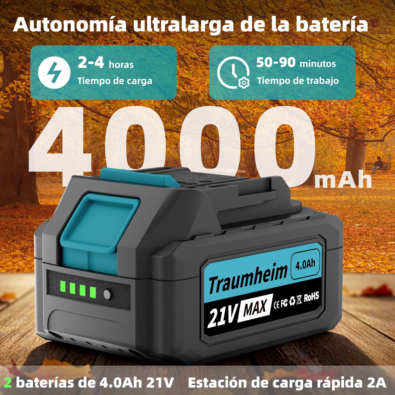 Soplador de Hojas a Batería, Inalámbrico, 3 Velocidades, 1200 m³/h, con 2 Baterías de 4,0Ah/21V, para Jardín, Hojas, Polvo y Nieve