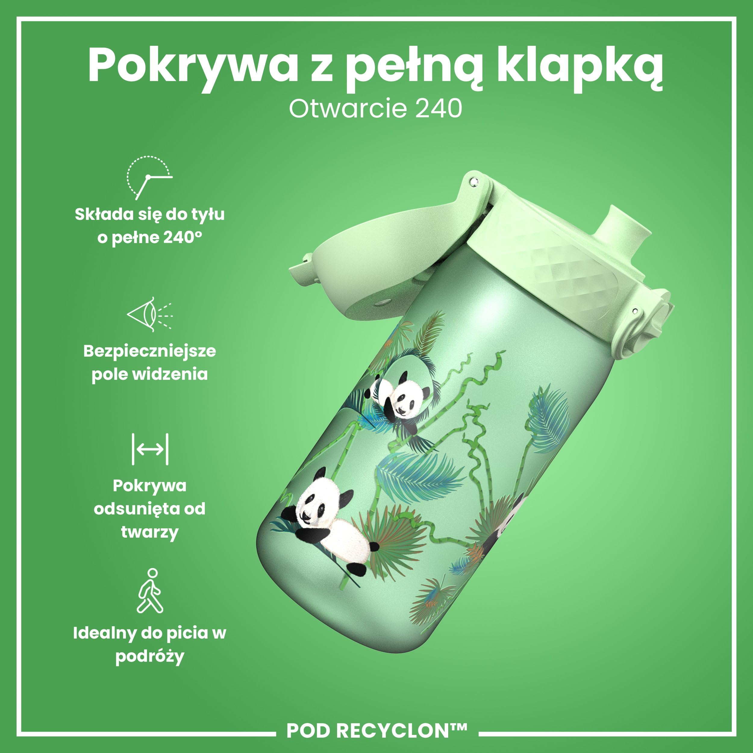 ION8 Butelka dla Dzieci, 350 ml/12 oz, Szczelna, Łatwa do Otwarcia, Bezpieczny Zamek, Można Myć w Zmywarce, Bez BPA, Uchwyt do Przenoszenia, Łatwa do Czyszczenia, Bezwonny, Pandy