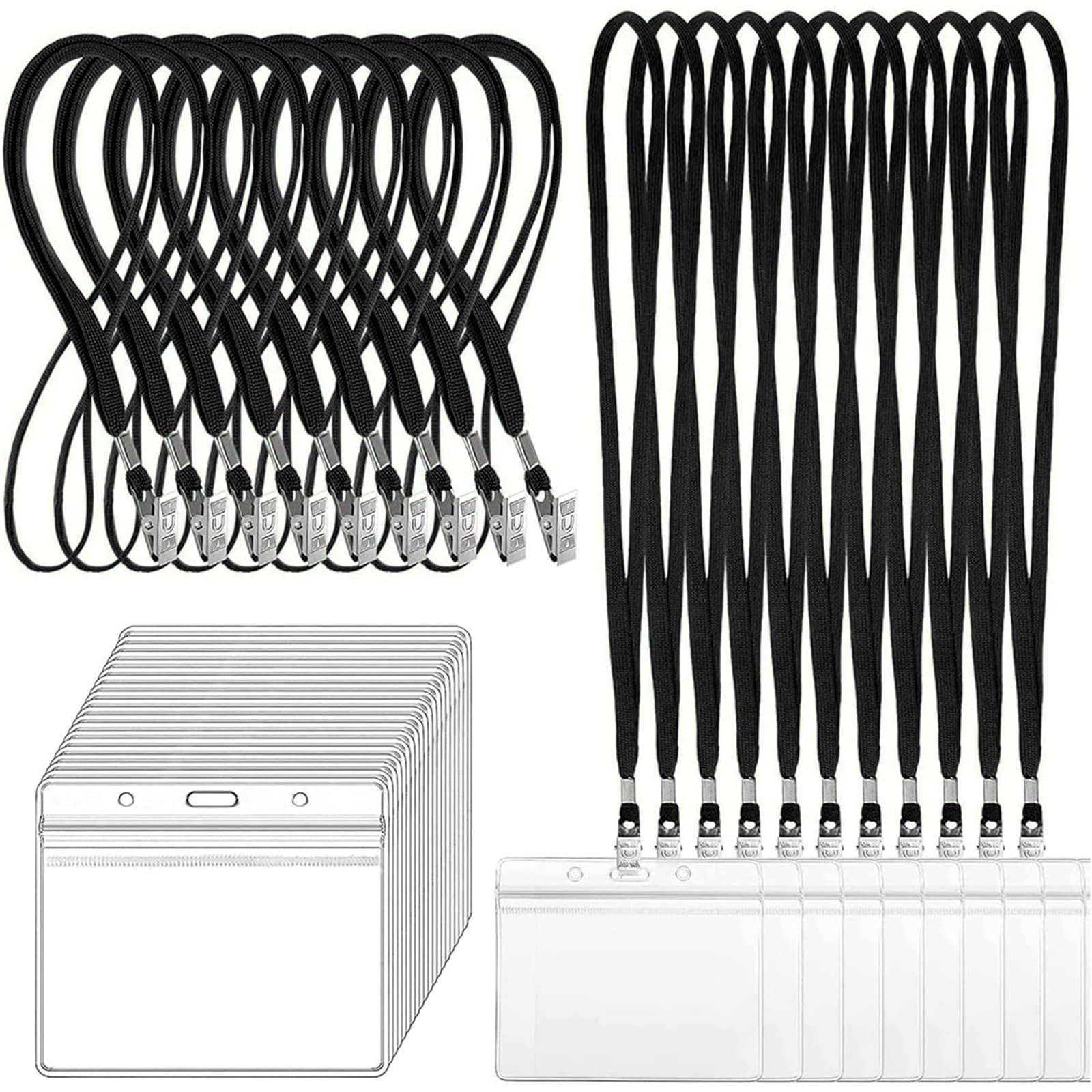 ID カード ホルダー ネックストラップ 名札 吊り下げ 50枚 イベント スタッフ パス 名刺 社員証 ケース 入れ 首下げ 展示会 透明 防水 セット(ブラック)