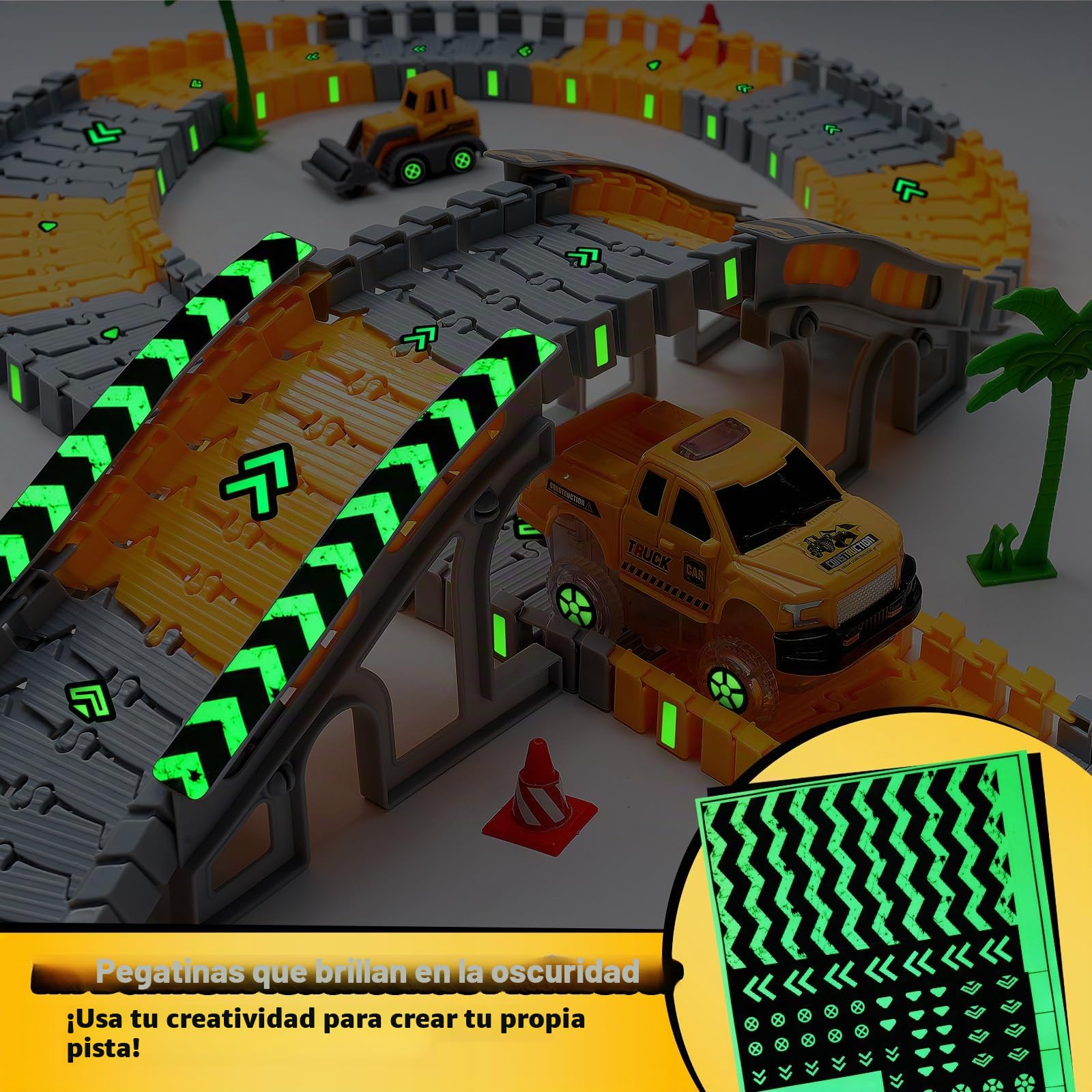 Coroiesty Pista de coches de 3 4 5 6 7 8 años, 264 piezas 5 excavadora juguete pista 2 eléctrico Glow, 3 camiones de construcción, juego de rieles flexibles DIY juegos grúas