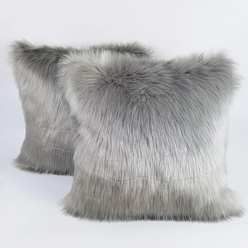 2 Fluffy Throw Pillow Covers Covered by Gray Long Hair for Couch Sofa Bed Decoration in Bedroom or Livingroom,18 X 18 inch，Gray