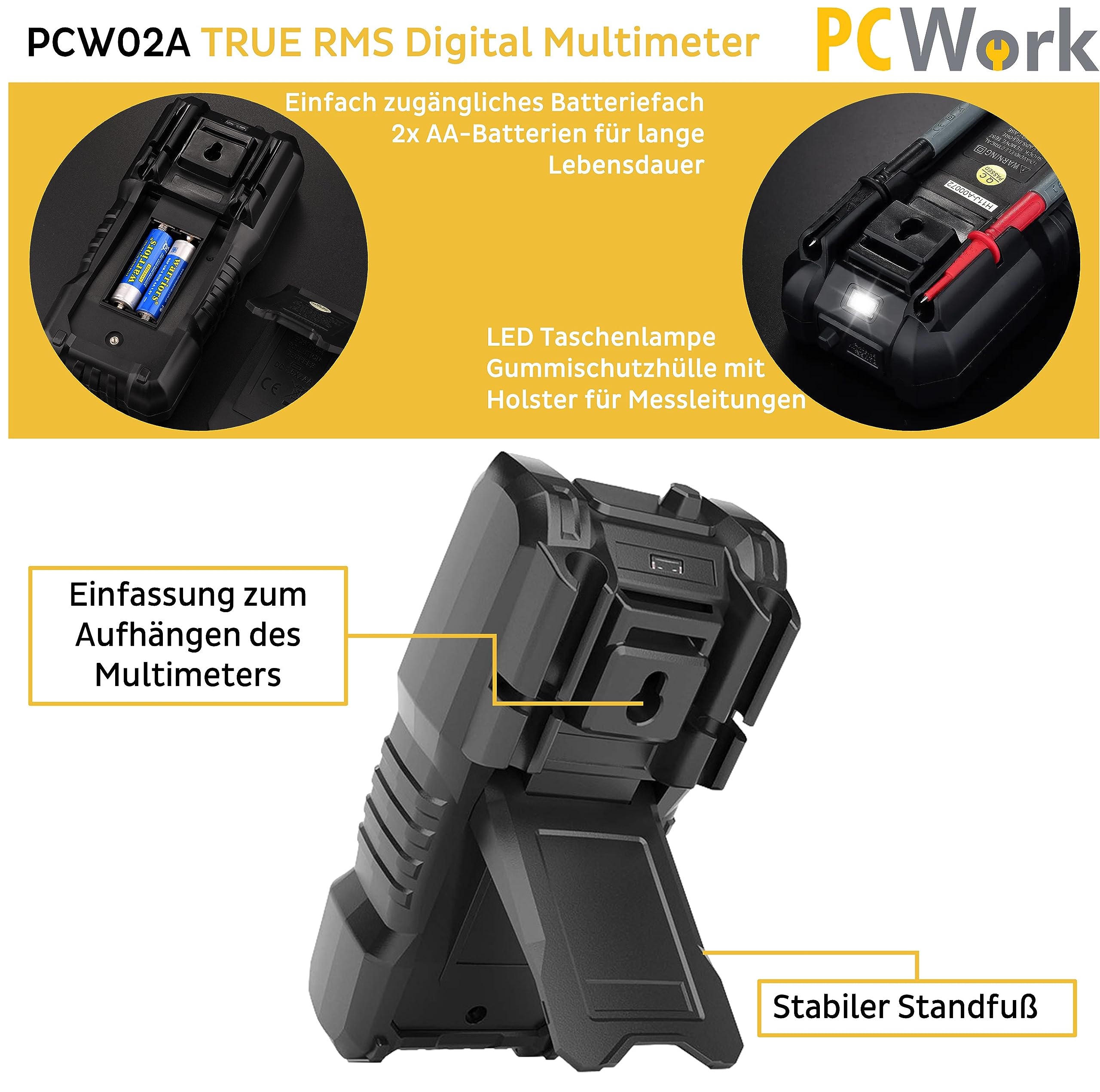 Multimetro digitale professionale PCW02A, multimetro 1000 V, TRUE RMS, grande display LCD, range auto, prese LED illuminate, misuratore di corrente, tester di continuità, misuratore di capacità