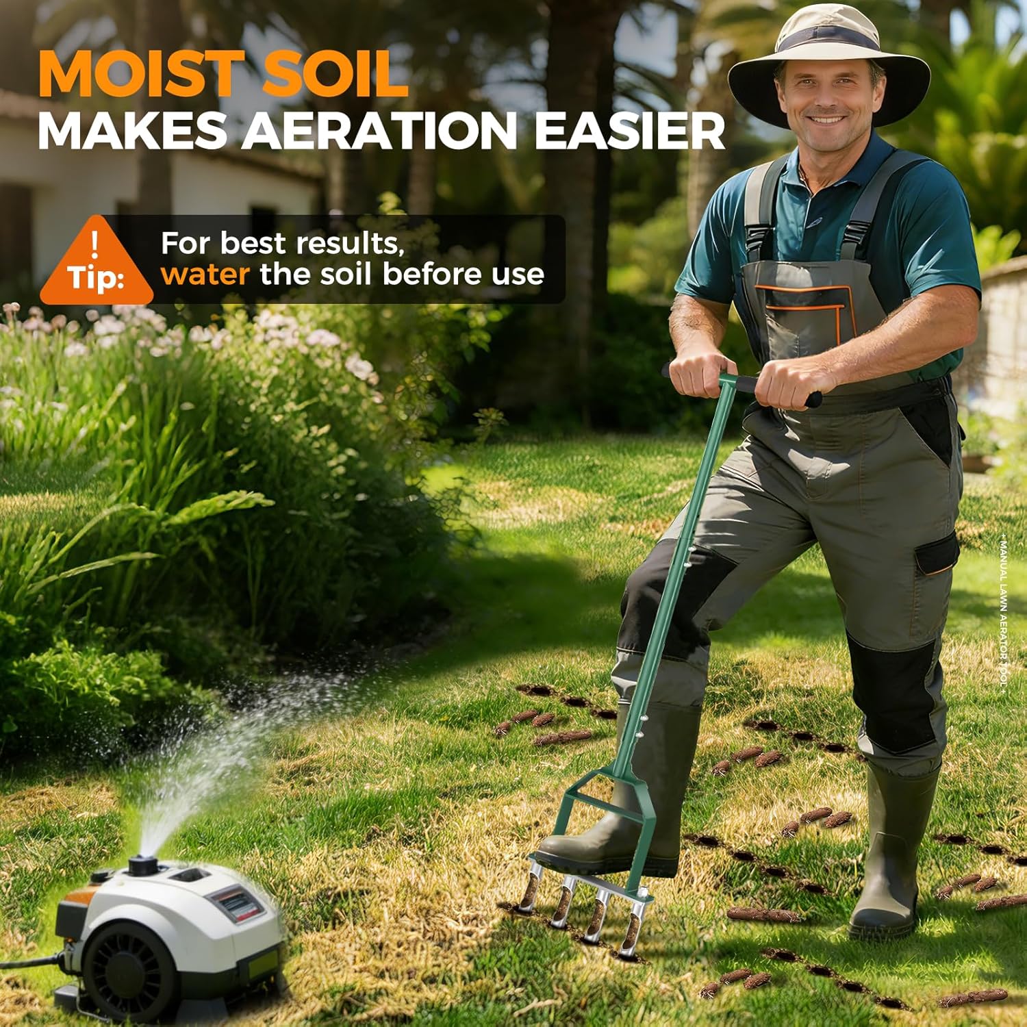 Suntee Lawn Aerator Tool, Manual Core Aerator Lawn Tool with 4 Stainless Steel Hollow Tines, Adjustable Height Semi-Assembled Heavy Duty Steel Grass Aeration for Lawn Care, Green