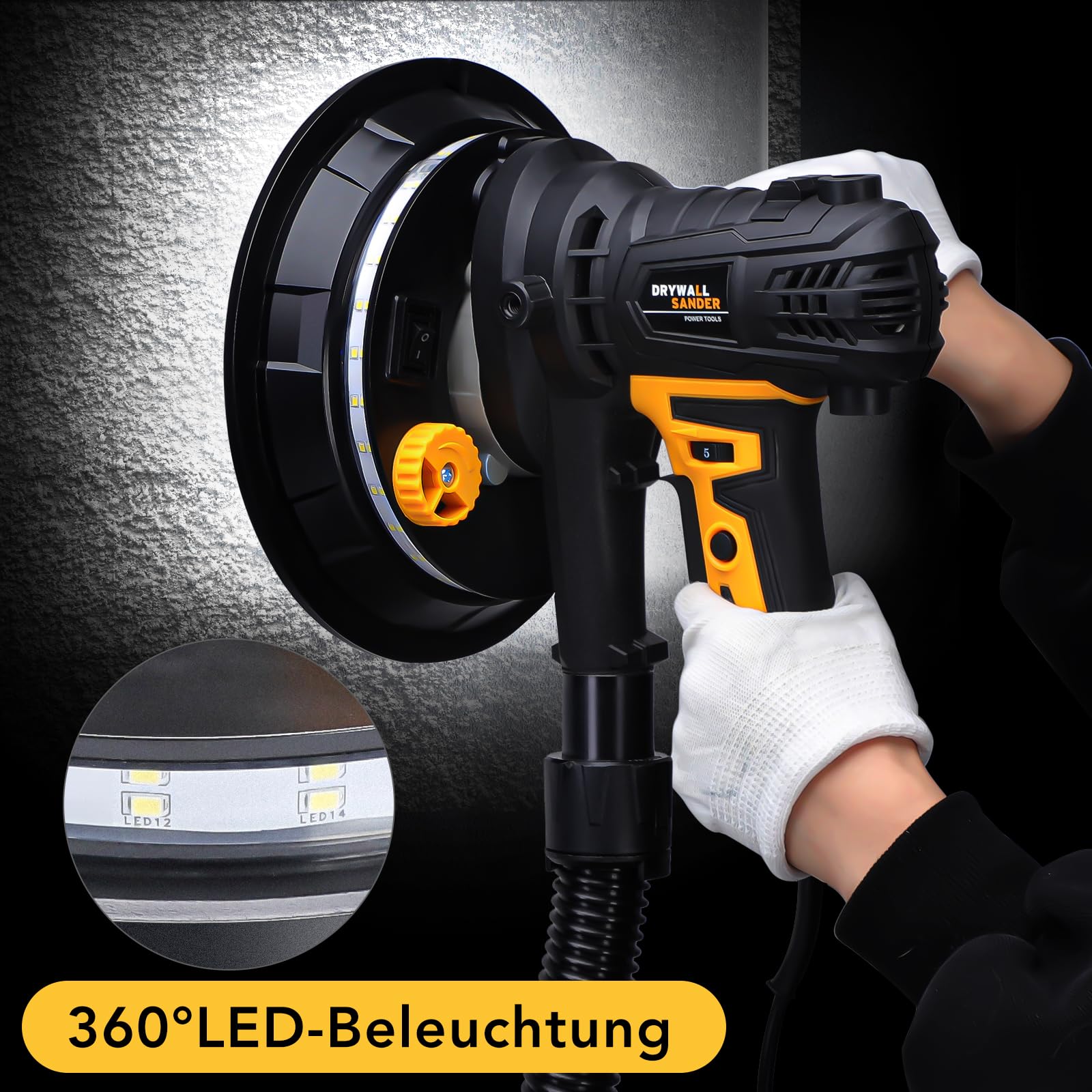 900W Trockenbauschleifer,1400-2700RPM Elektroschleifmaschine für Wände,LED-Licht,Staubbeutel,Schlauch,Tellerschleifer mit 5 variable Geschwindigkeiten,Grob-/Feinschliff, 12 Stück Schleifscheibn