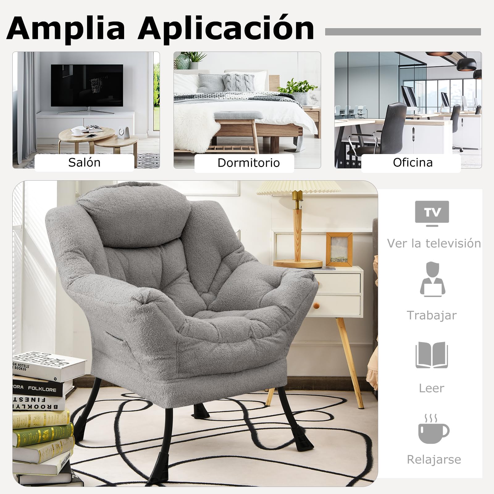 GIANTEX Sillón de Lectura Moderno con Estructura Metálica, 80 x 74 x 97 cm, Silla de Sofá Tapizado de Vellón Falso, Sillón Individual con Reposabrazos y Bolsillo Lateral, para Salón, Oficina (Gris)