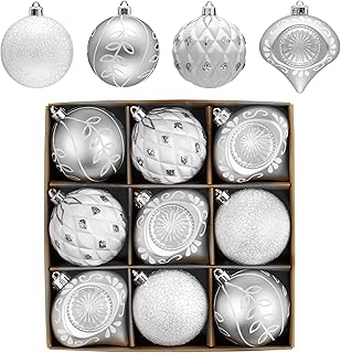 Valery Madelyn Christmas Ball Ornaments, 9ct White and Silver Shatterproof Christmas Tree Decorations Set, 2.76 Inches Luxury Hanging Ornaments for Xmas Trees Bulk Holiday Decor
