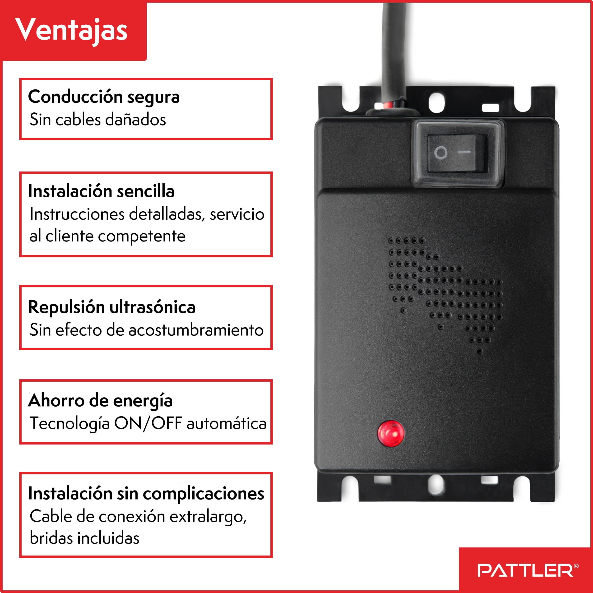 PATTLER Ahuyentador de Martas para Coche 12V con Ultrasonido, Protección para el Compartimento del Motor con Instalación Directa a la Batería del Vehículo – 1 Unidad
