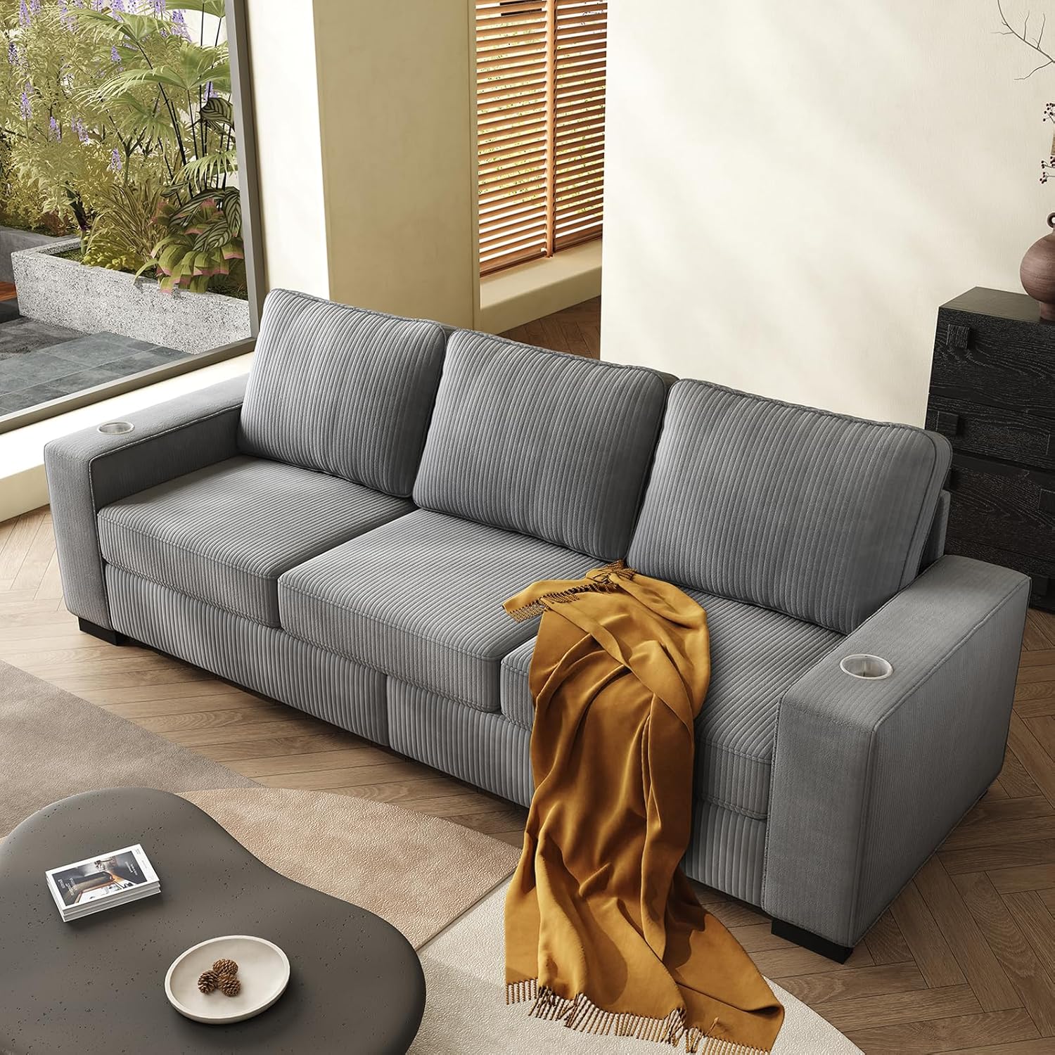 83.86” Oversize couch, modern decorative style three-seater sofa, corduroy fabric sofa, suitable for living room and office, sturdy and easy to install, Loveseat sofa furniture (Gray, 83.86 inch)