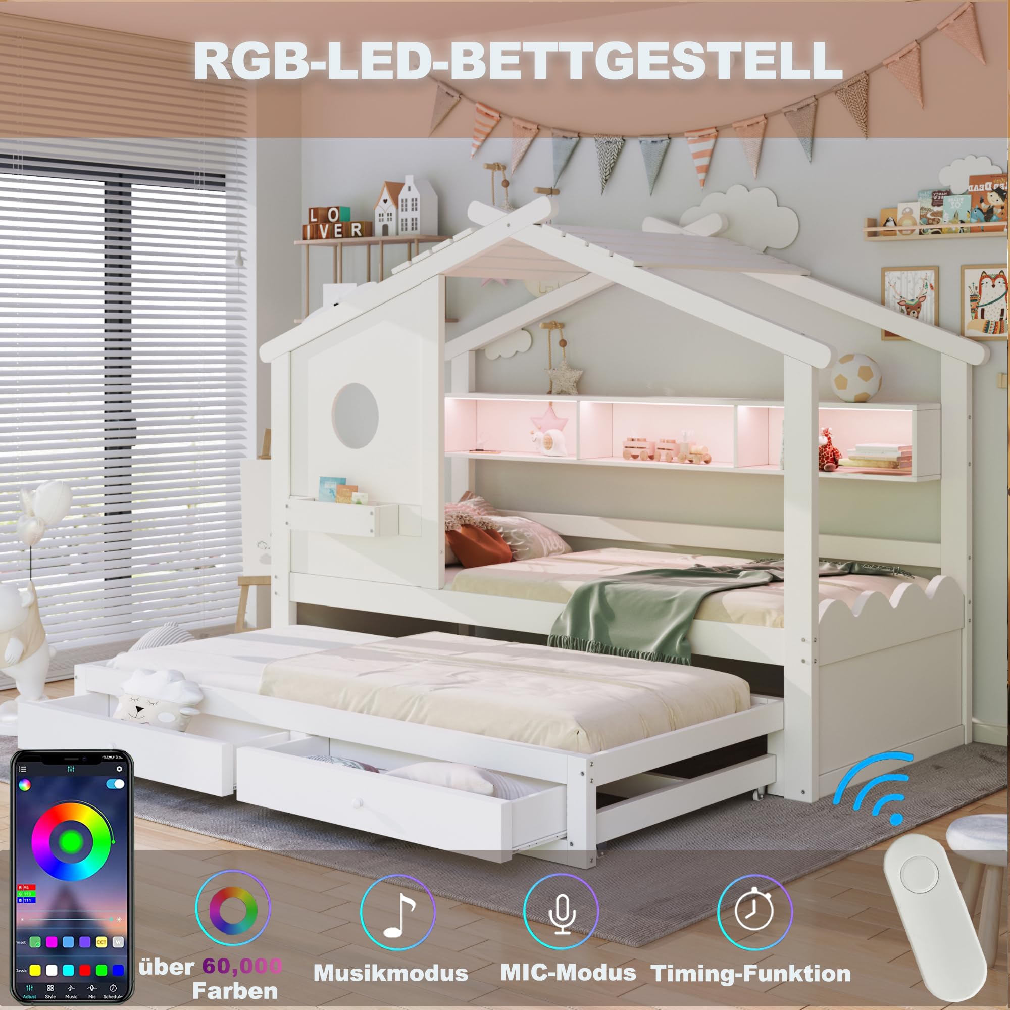 Letto Casetta per Bambini Ragazzi 90x200 con letto estraibile 90x190, Letto a Forma di Casa con LED e Porte di ricarica USB, 2 Cassetti e Ripiani, Struttura letto in Legno Massiccio(Senza Materasso)