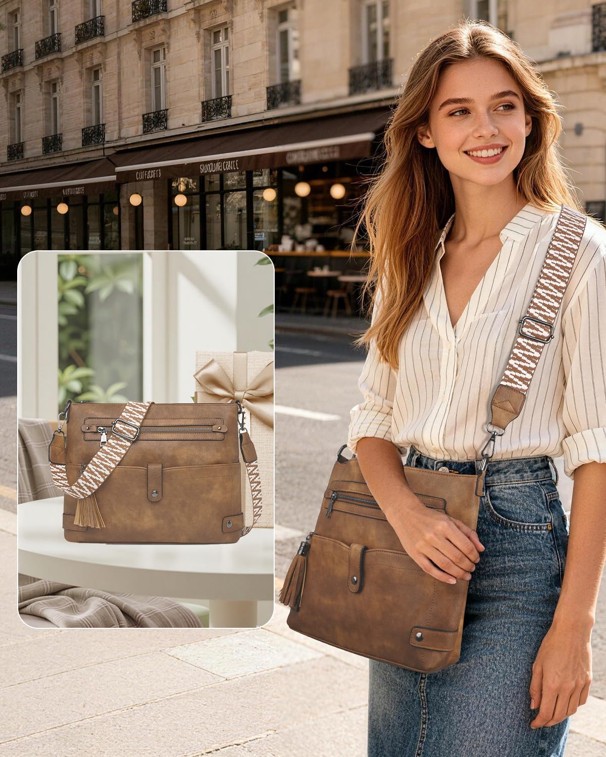 Bolsos Bandolera Mediano para Mujer, Bolso Cruzado de Diseño en Piel Vegana con Borla y Correa Ancha de Estilo Boho, Bolso de Hombro de Moda con Múltiples Bolsillos