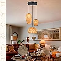 Vista 2 de Lámpara colgante de ratán de 3 luces, lámpara de araña de ratán, lámpara bohemia tejida a mano, lámpara colgante de bambú de 3 luces para sala