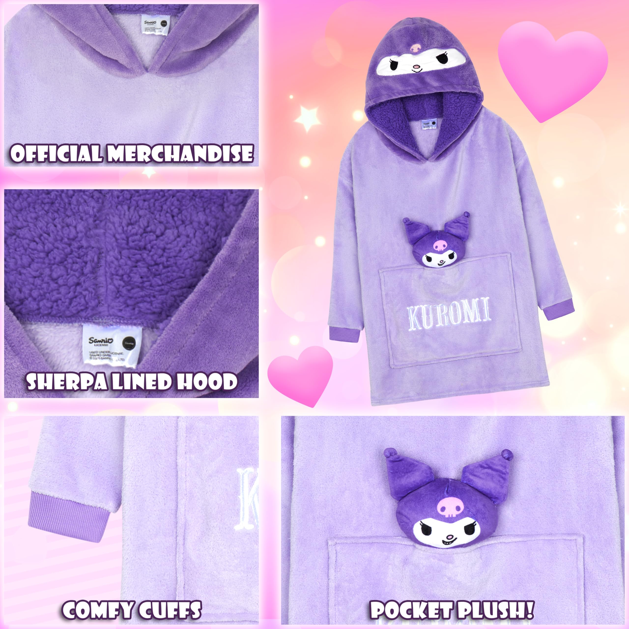 Hello Kitty Sanrio Sudadera con Capucha Niña, Kuromi Cinnamoroll Manta con Mangas y Peluche Adjunto, Regalos de Anime
